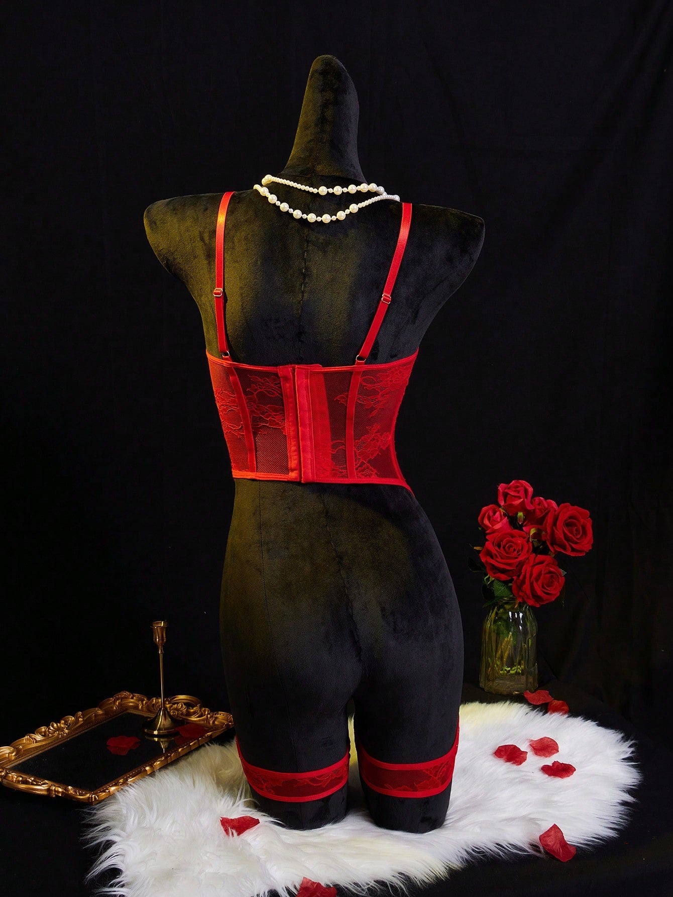 Women’s red semi-sheer lingerie set with contrast lace patchwork and hollow-out details, featuring adjustable spaghetti straps, an underwire longline bra style top, and a low-rise V-string bottom.