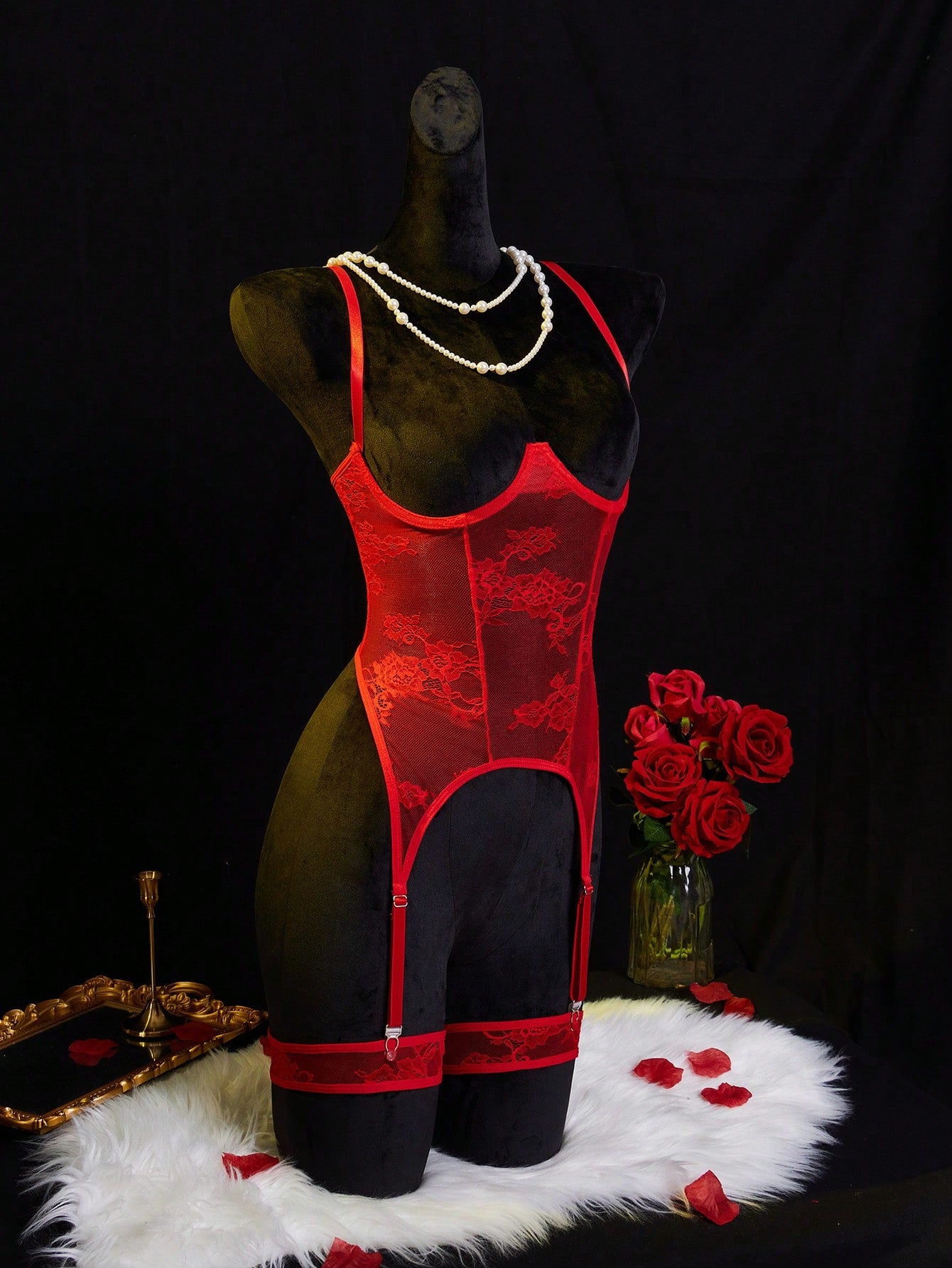 Women’s red semi-sheer lingerie set with contrast lace patchwork and hollow-out details, featuring adjustable spaghetti straps, an underwire longline bra style top, and a low-rise V-string bottom.