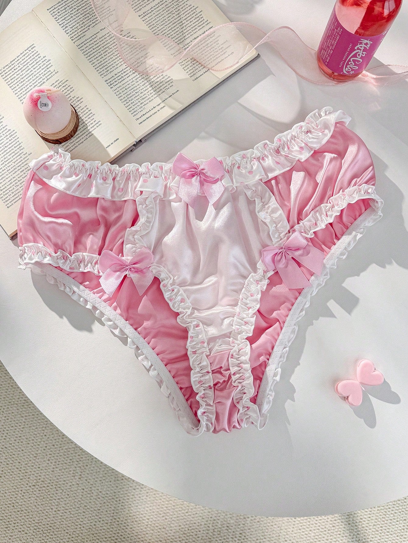 Pink Ruffle Trim, Peplum, Bow Accent, Satin High Waist, Wrap-Around, Patchwork, Cute Lolita Doll Women's Panties