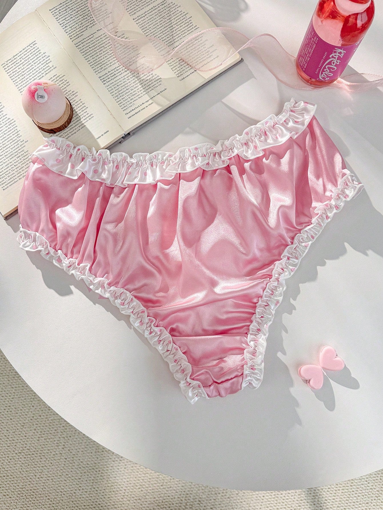 Pink Ruffle Trim, Peplum, Bow Accent, Satin High Waist, Wrap-Around, Patchwork, Cute Lolita Doll Women's Panties