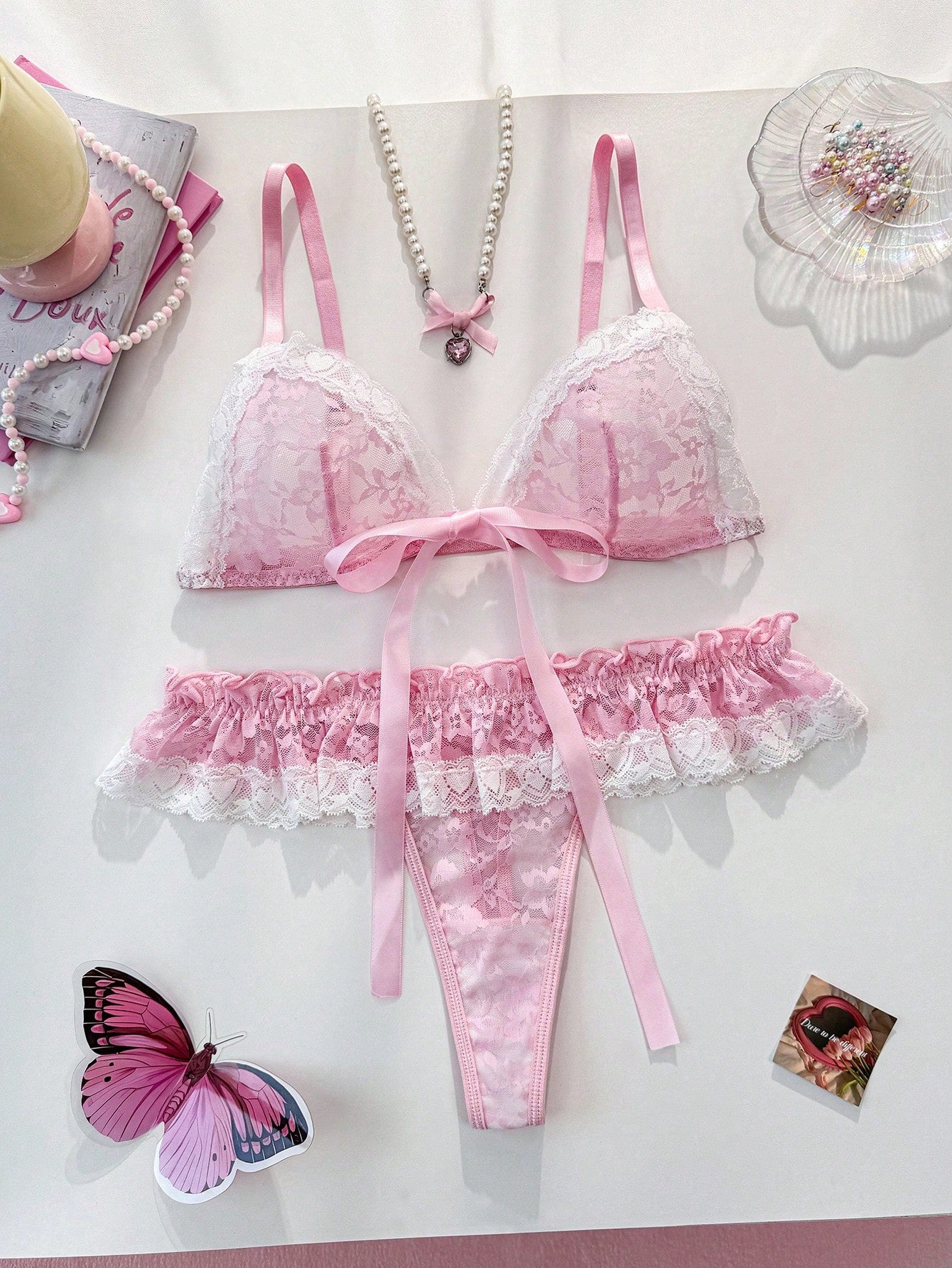 Women's Contrast Color Bow Decor Lace Lingerie Set