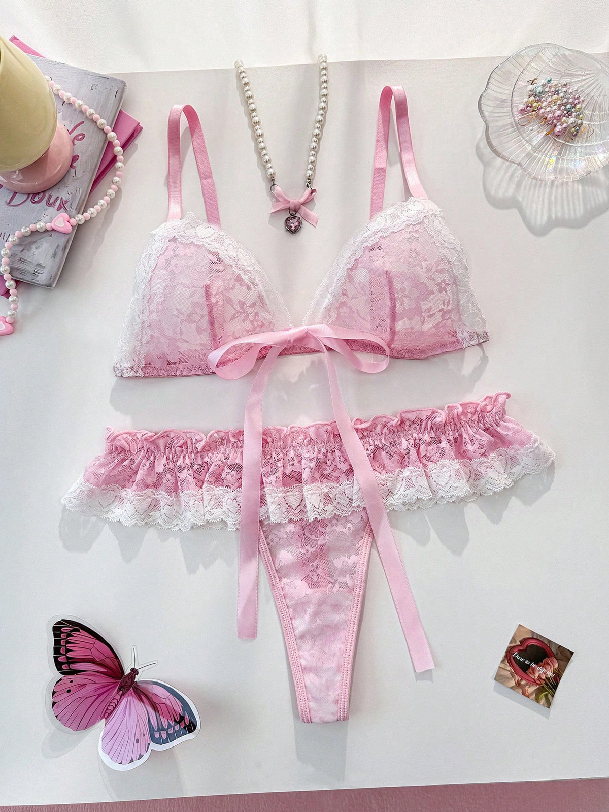 Women's Contrast Color Bow Decor Lace Lingerie Set