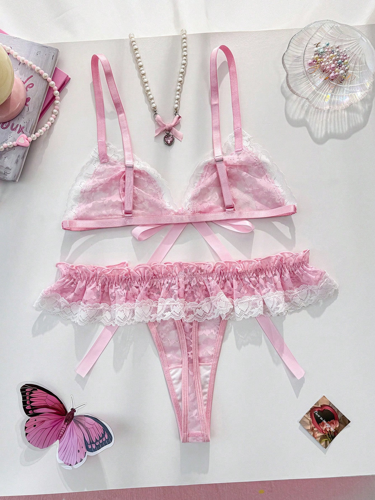 Women's Contrast Color Bow Decor Lace Lingerie Set
