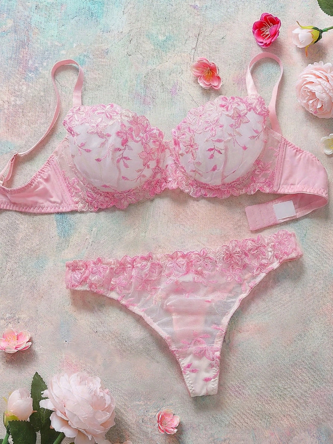 2pcs Plus Size Women's Pink Sexy Bra And Panty Lingerie Set, Lift