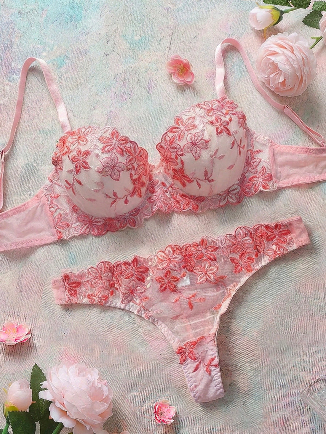 2 Pieces Set Women's Pink Romantic Underwire Bra Lingerie Set
