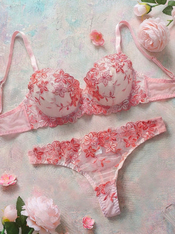 2 Pieces Set Women's Pink Romantic Underwire Bra Lingerie Set