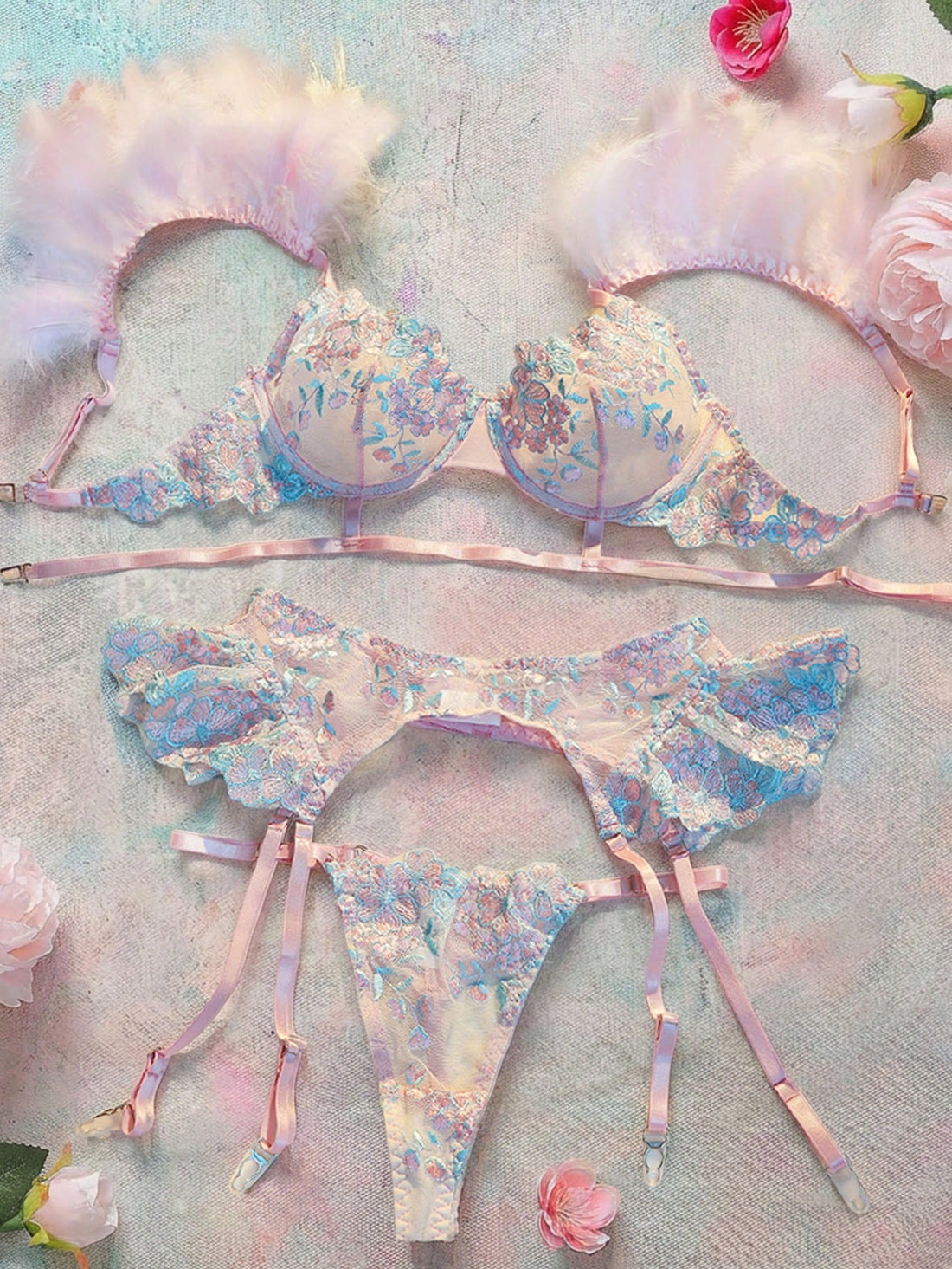 Spicy Aura 3 Pieces Set: Embroidered Feather Decor Underwire Bra, Garter Belt, And Thong Panty For Going Out