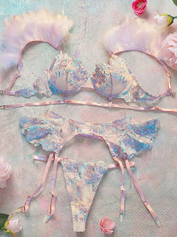Spicy Aura 3 Pieces Set: Embroidered Feather Decor Underwire Bra, Garter Belt, And Thong Panty For Going Out