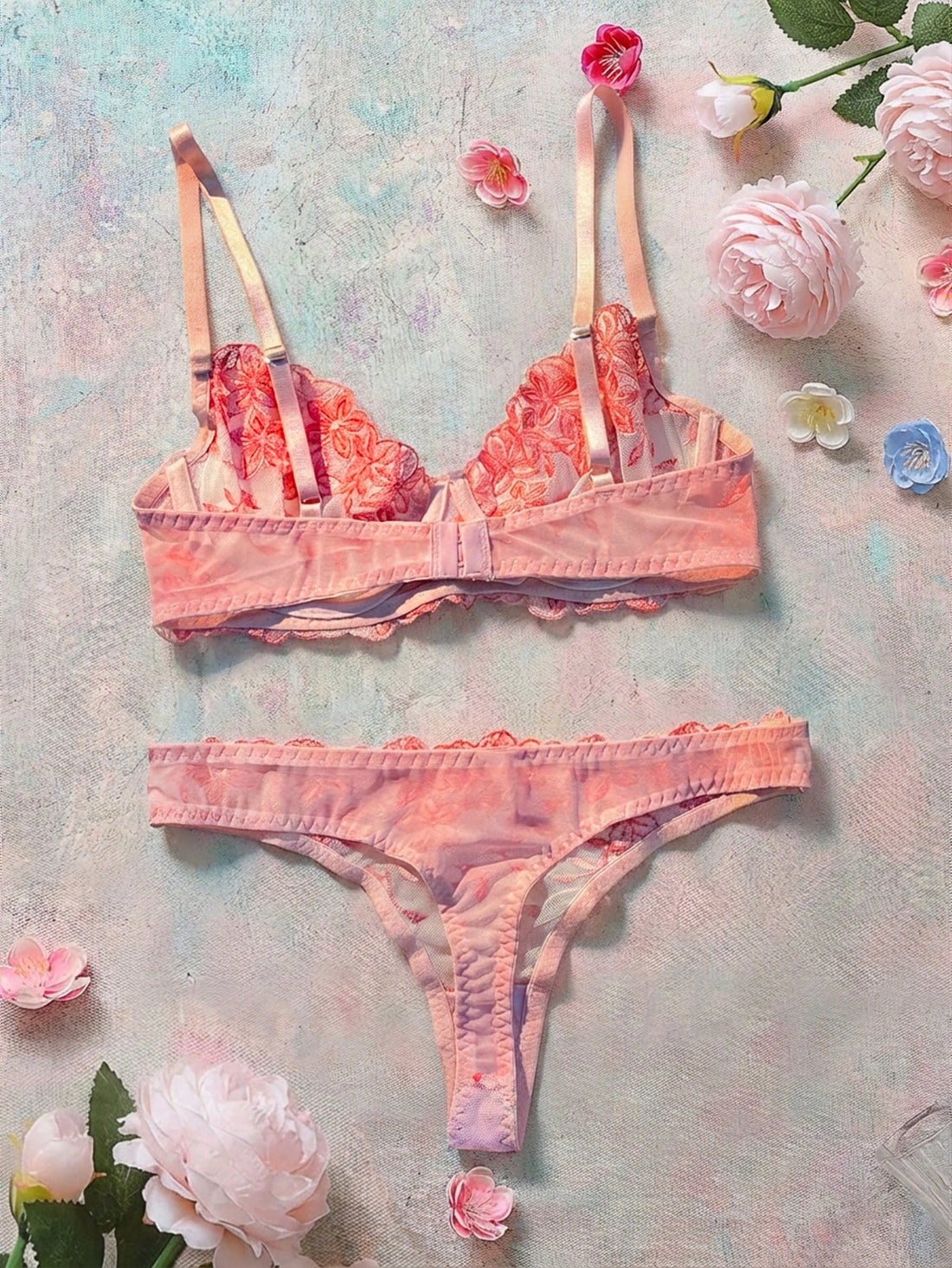 2 Pieces Set Women's Pink Romantic Underwire Bra Lingerie Set