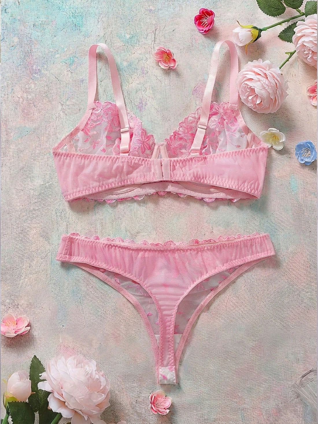 2pcs Plus Size Women's Pink Sexy Bra And Panty Lingerie Set, Lift