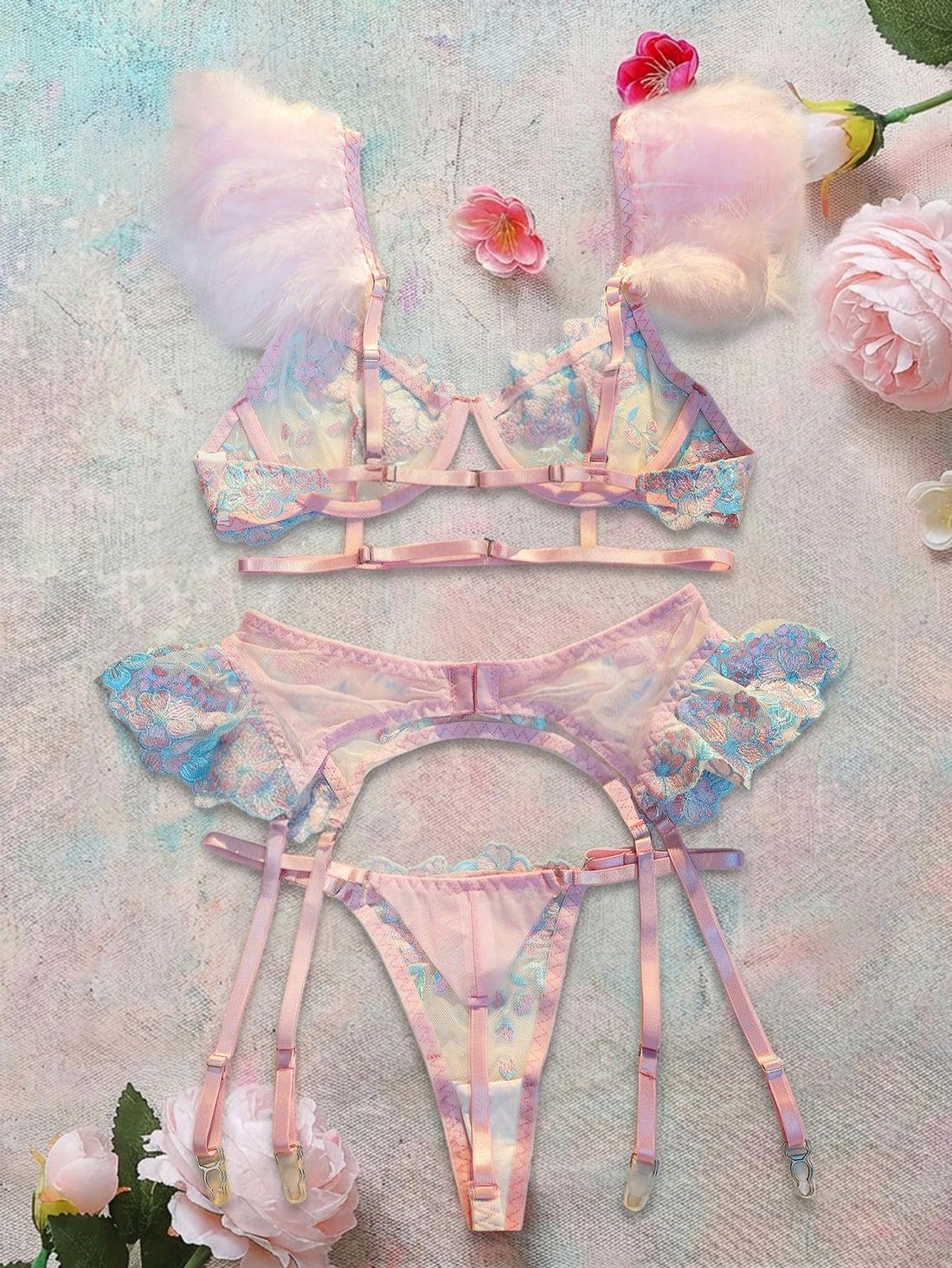Spicy Aura 3 Pieces Set: Embroidered Feather Decor Underwire Bra, Garter Belt, And Thong Panty For Going Out