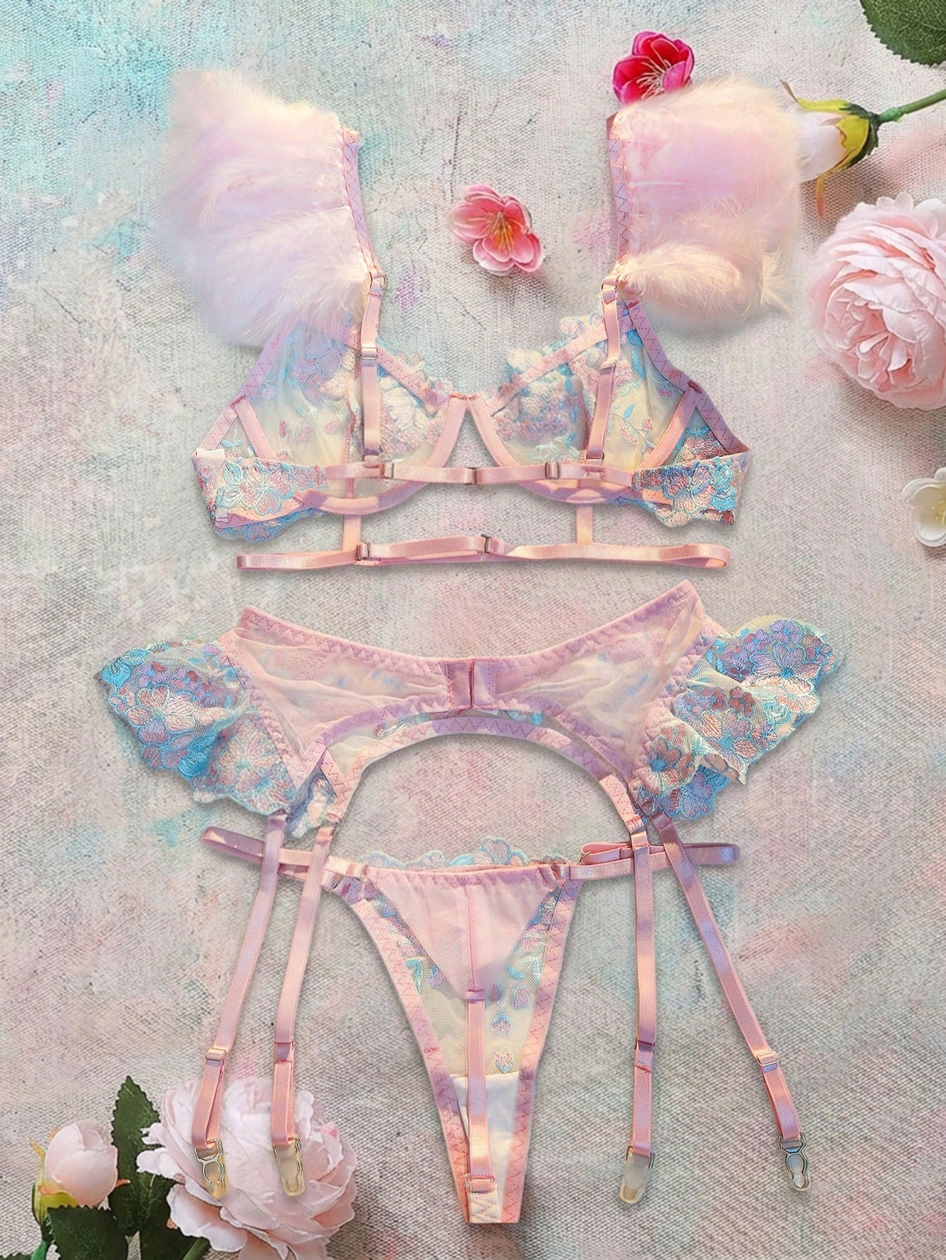Spicy Aura 3 Pieces Set: Embroidered Feather Decor Underwire Bra, Garter Belt, And Thong Panty For Going Out