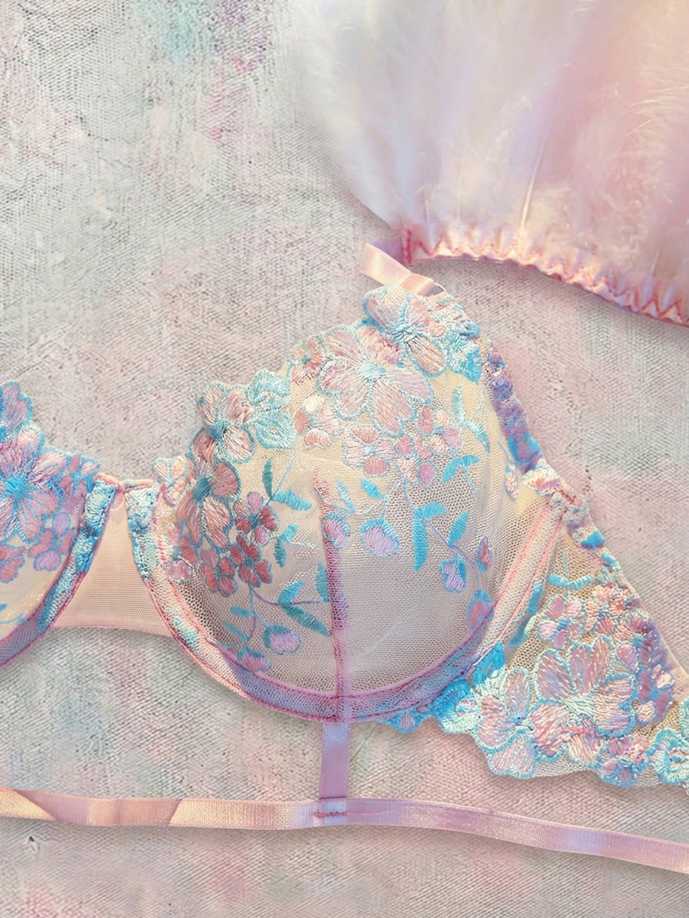 Spicy Aura 3 Pieces Set: Embroidered Feather Decor Underwire Bra, Garter Belt, And Thong Panty For Going Out