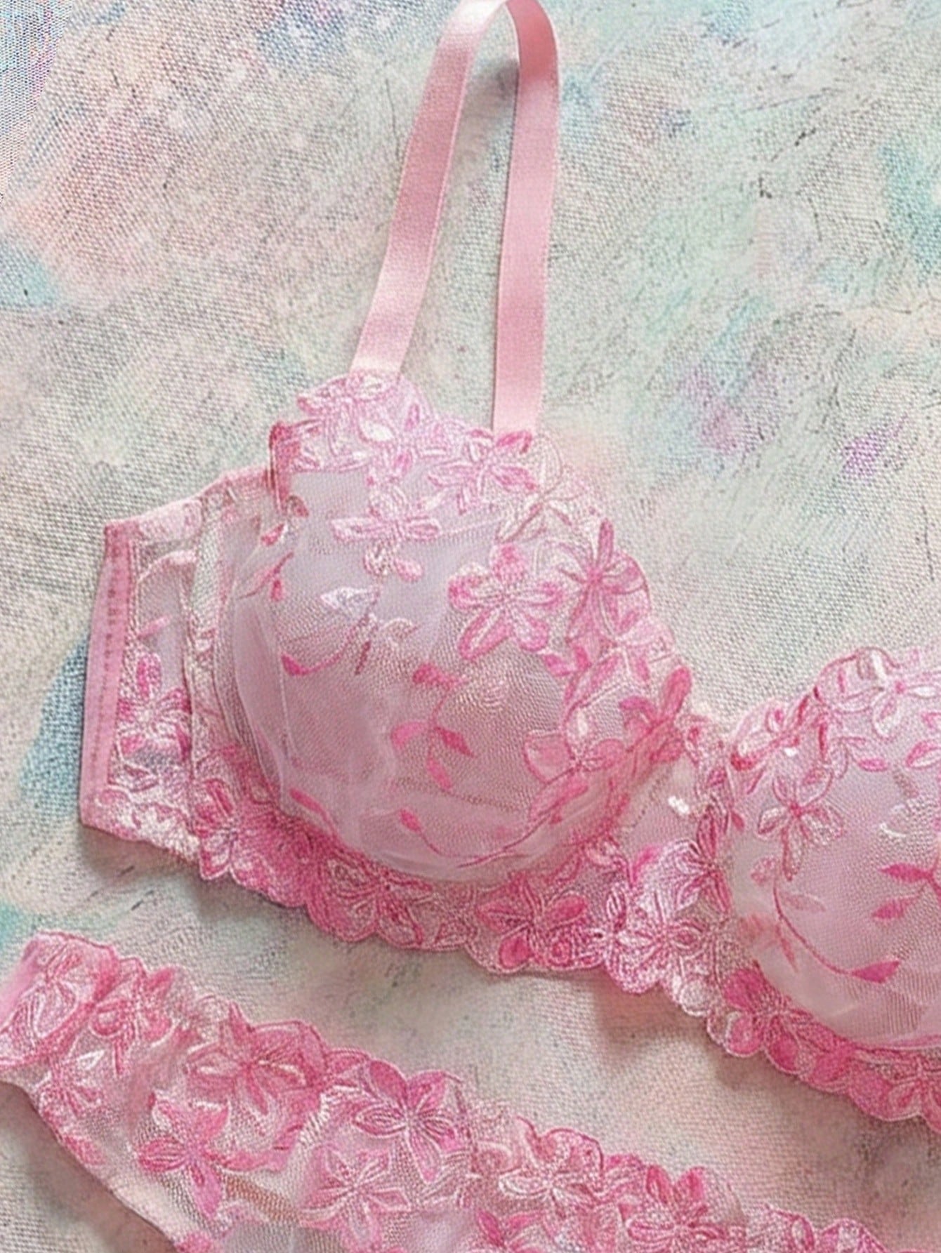 2pcs Plus Size Women's Pink Sexy Bra And Panty Lingerie Set, Lift