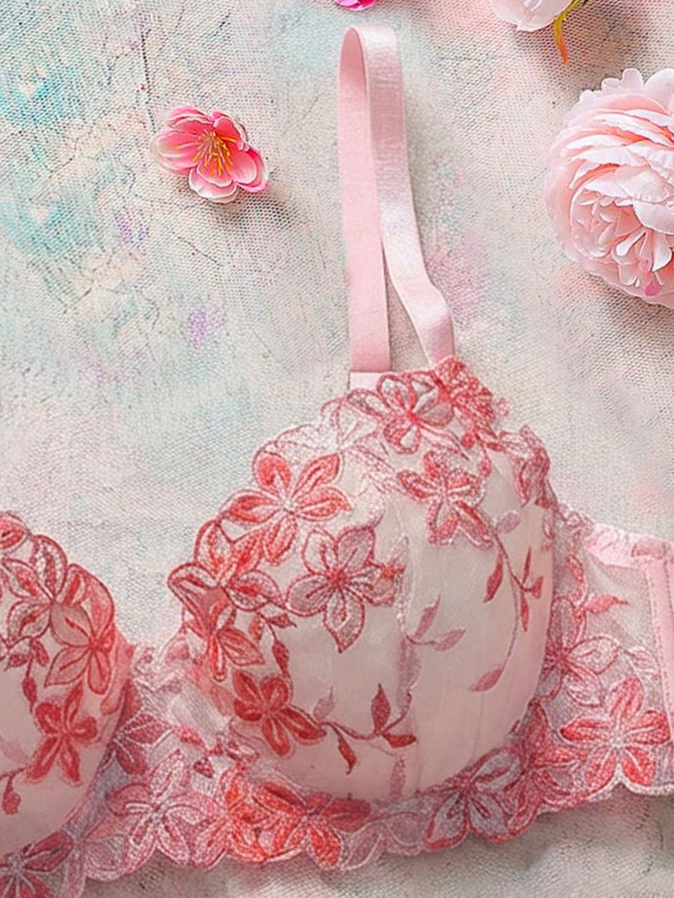 2 Pieces Set Women's Pink Romantic Underwire Bra Lingerie Set