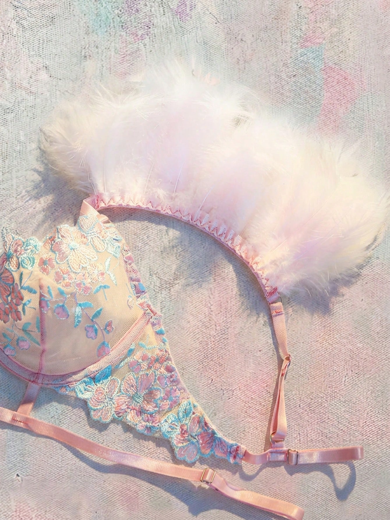 Spicy Aura 3 Pieces Set: Embroidered Feather Decor Underwire Bra, Garter Belt, And Thong Panty For Going Out