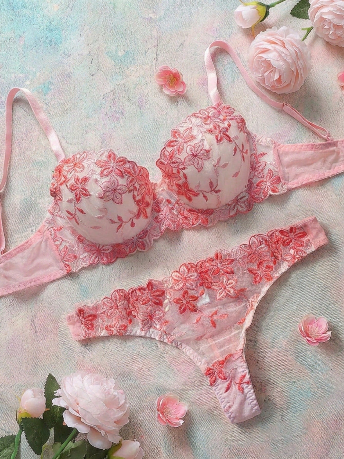 2 Pieces Set Women's Pink Romantic Underwire Bra Lingerie Set