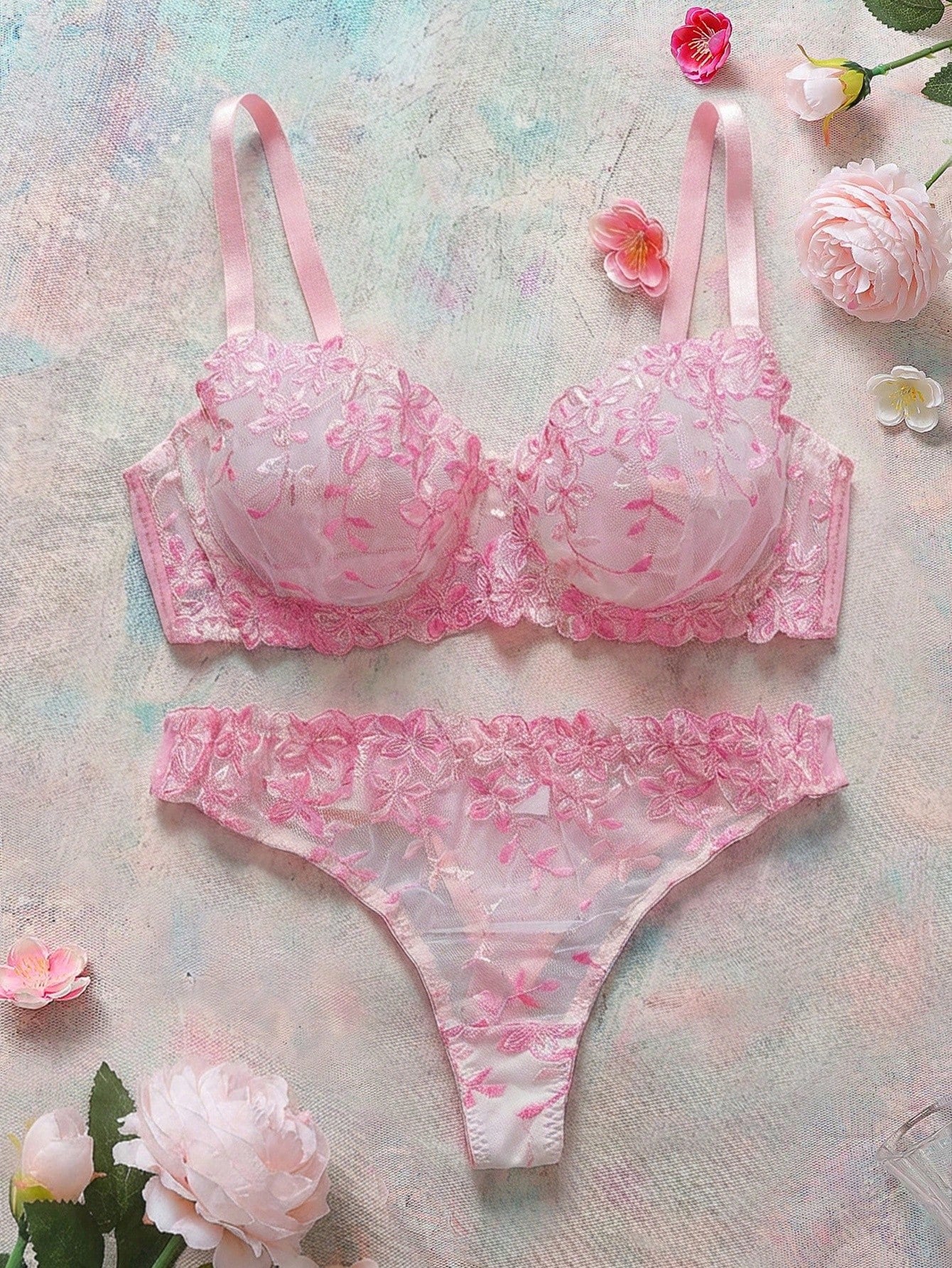 2pcs Plus Size Women's Pink Sexy Bra And Panty Lingerie Set, Lift