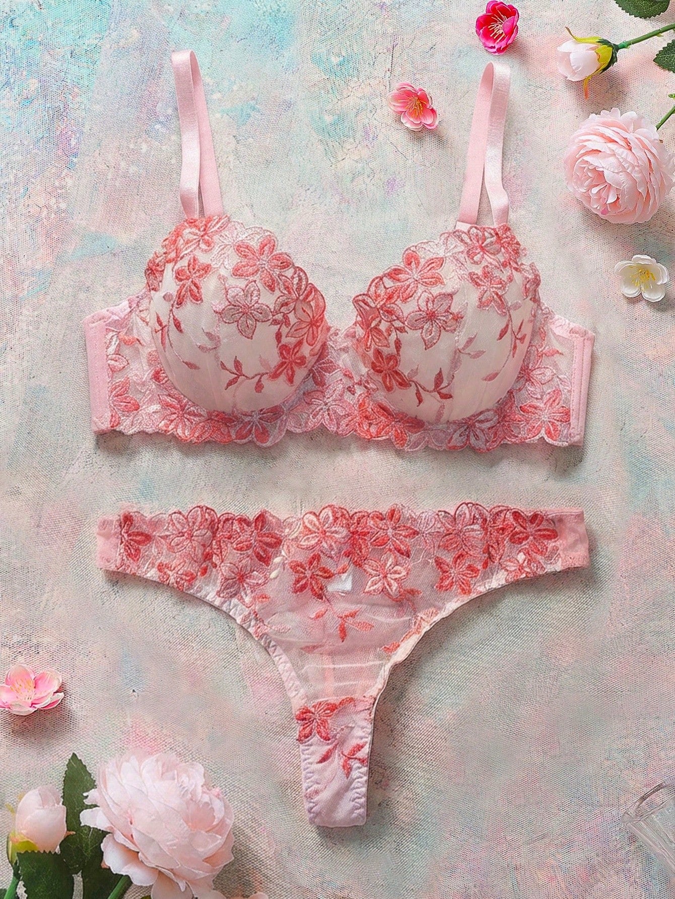 2 Pieces Set Women's Pink Romantic Underwire Bra Lingerie Set
