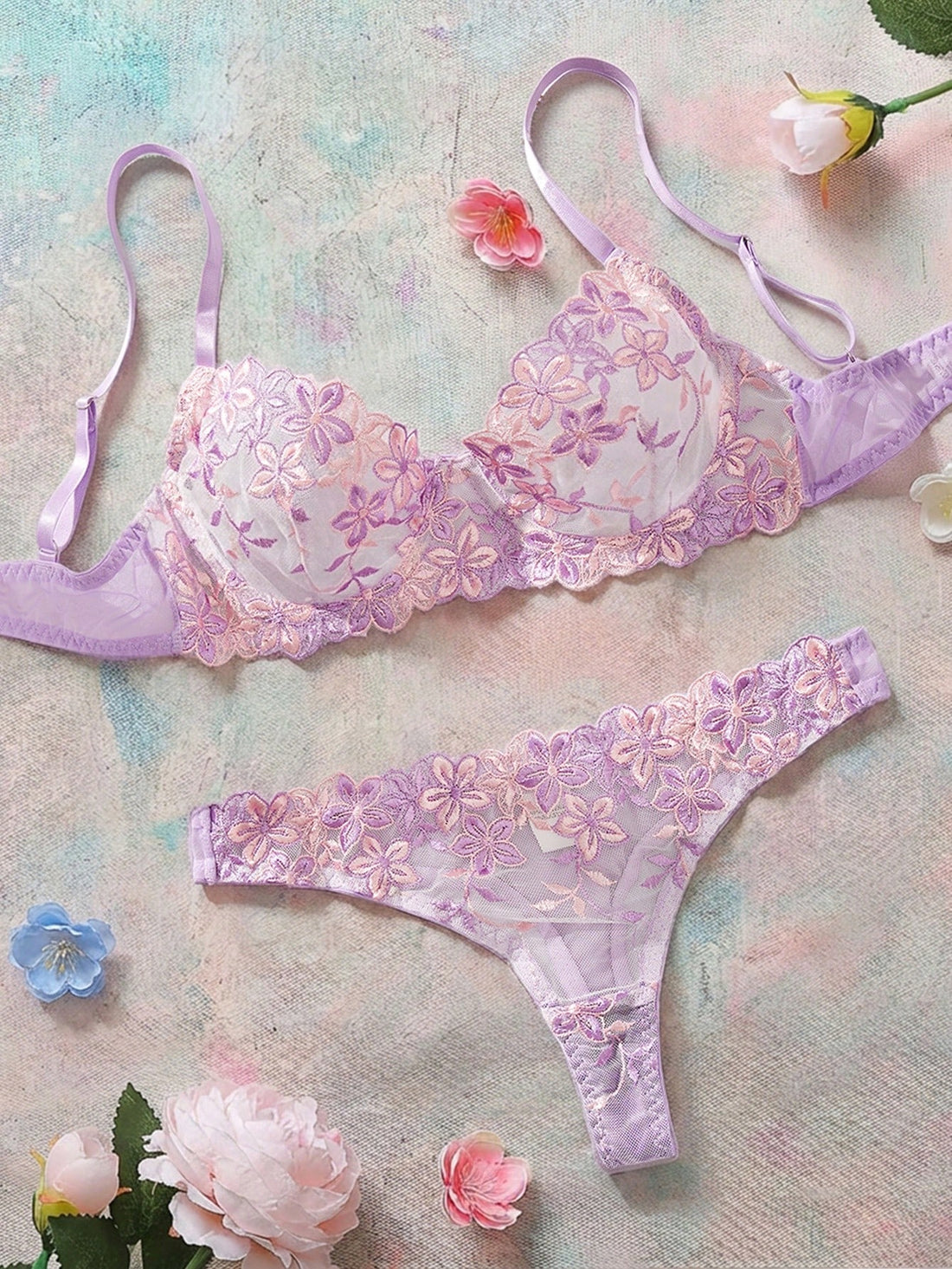2pcs/Set Romantic Purple Underwire Women's Bra And Panty Set, Sexy Lingerie