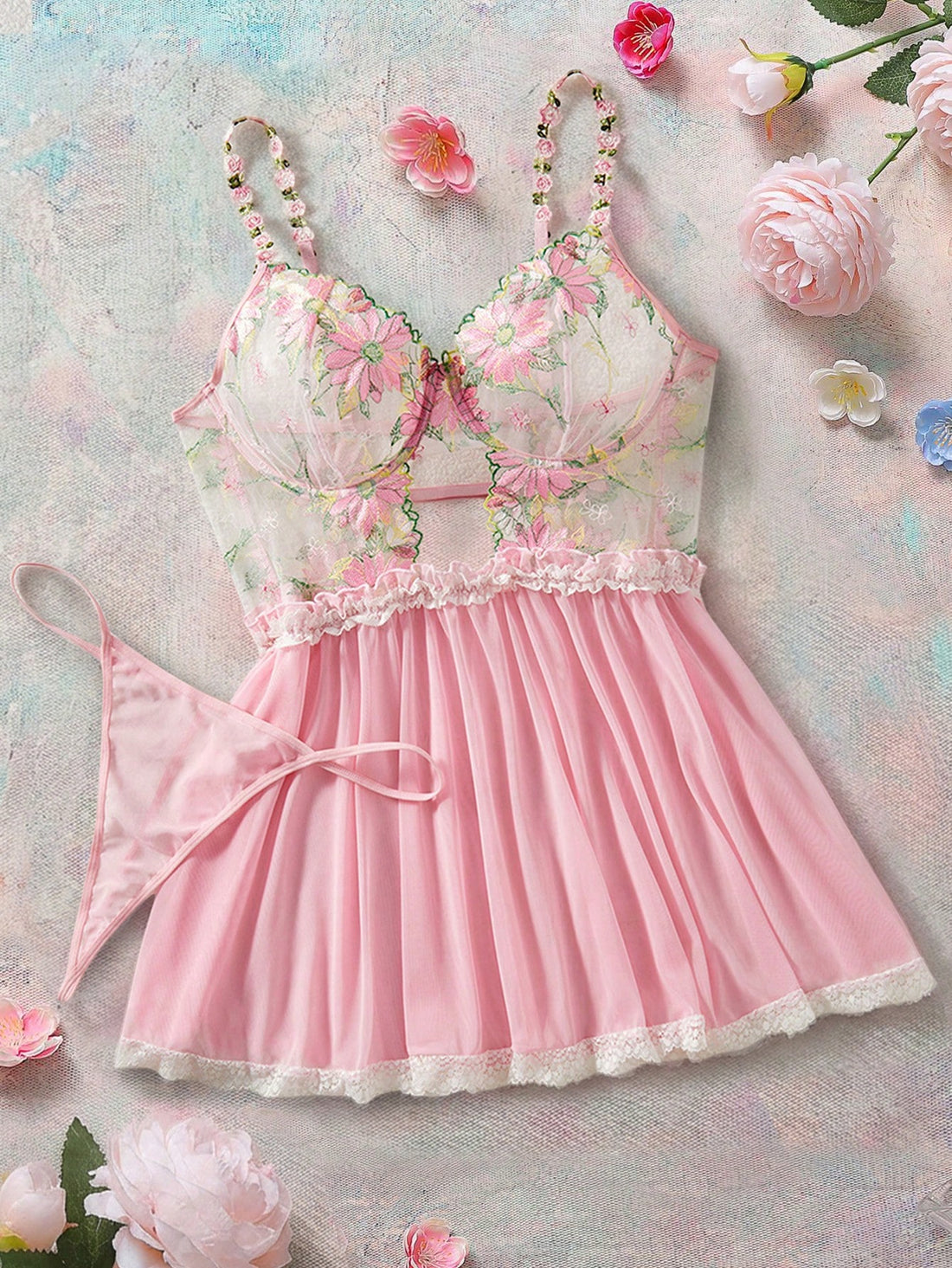Romantic Series Embroidered Plus Size Underwired Corset Dress & T-Back Panty Set, Sexy Lingerie, Lift