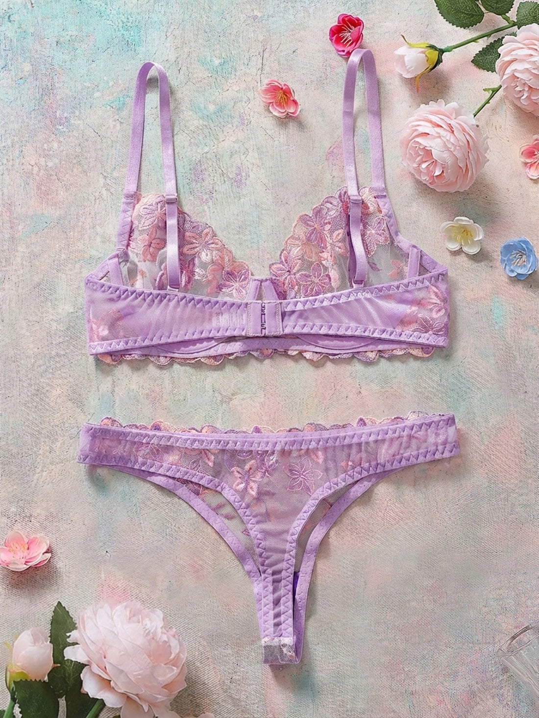 2pcs/Set Romantic Purple Underwire Women's Bra And Panty Set, Sexy Lingerie