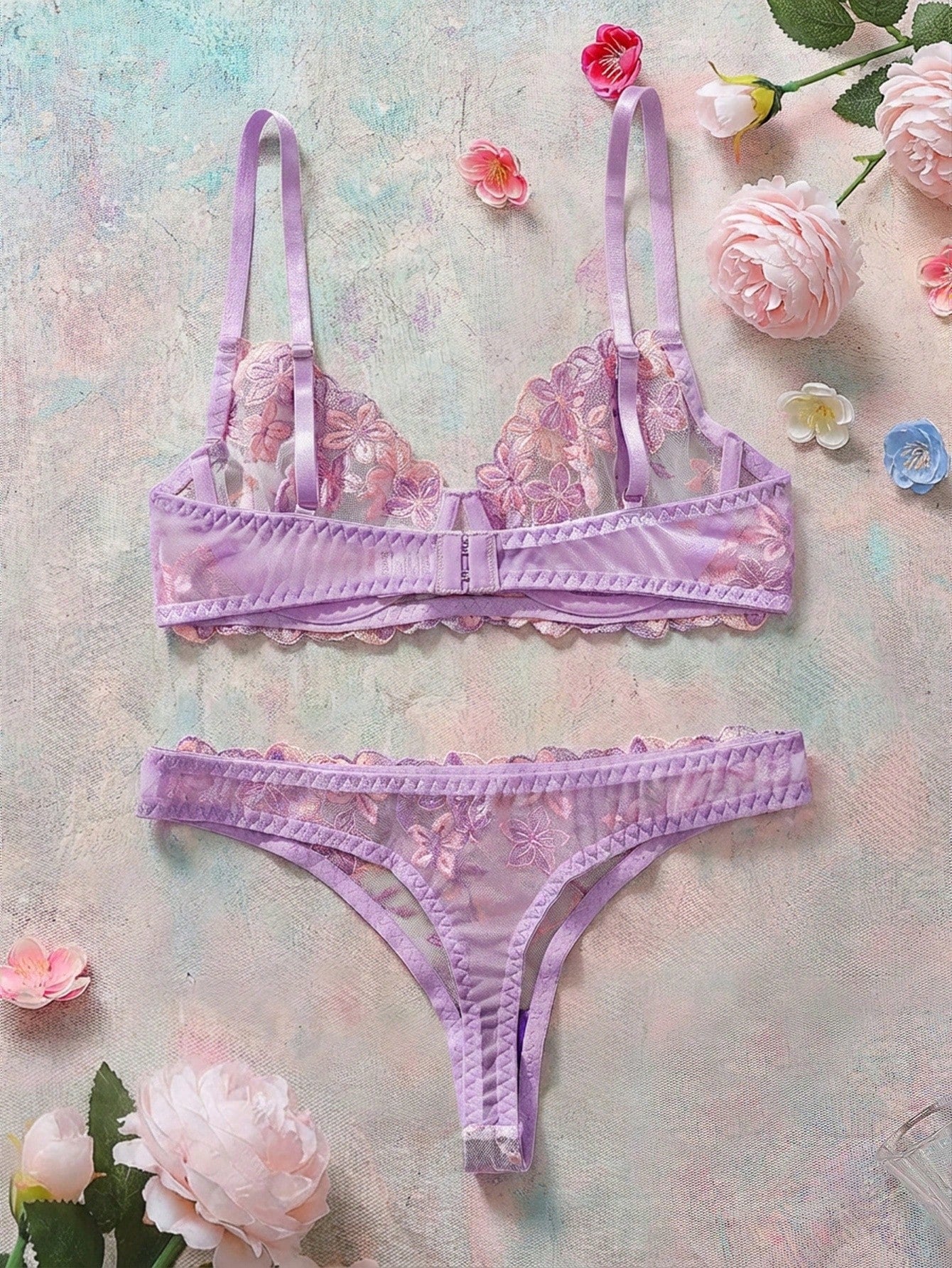2pcs/Set Romantic Purple Underwire Women's Bra And Panty Set, Sexy Lingerie