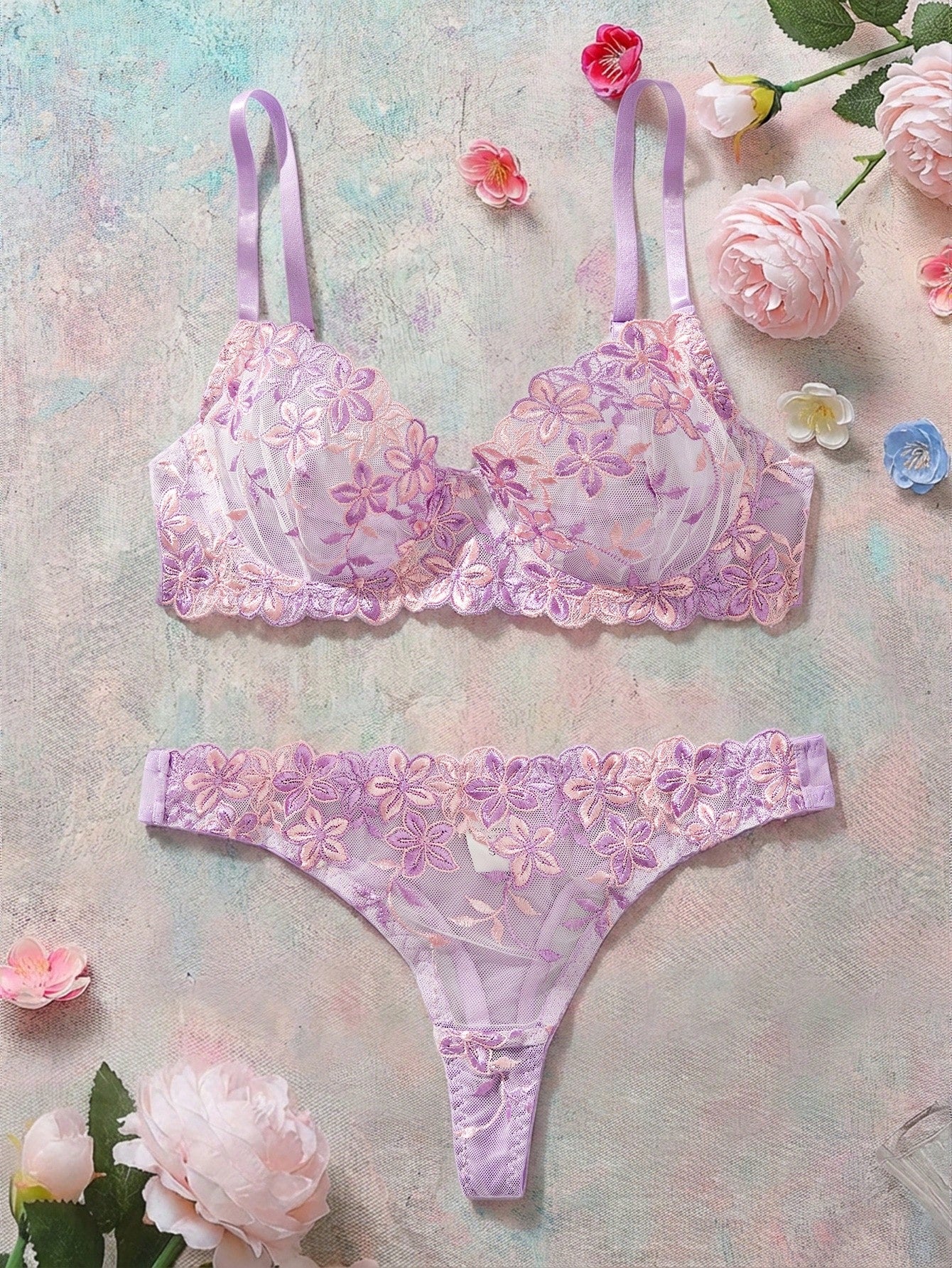 2pcs/Set Romantic Purple Underwire Women's Bra And Panty Set, Sexy Lingerie