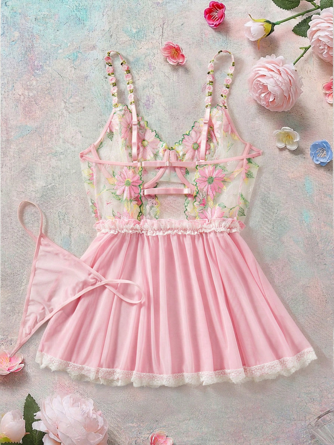 Romantic Series Embroidered Plus Size Underwired Corset Dress & T-Back Panty Set, Sexy Lingerie, Lift