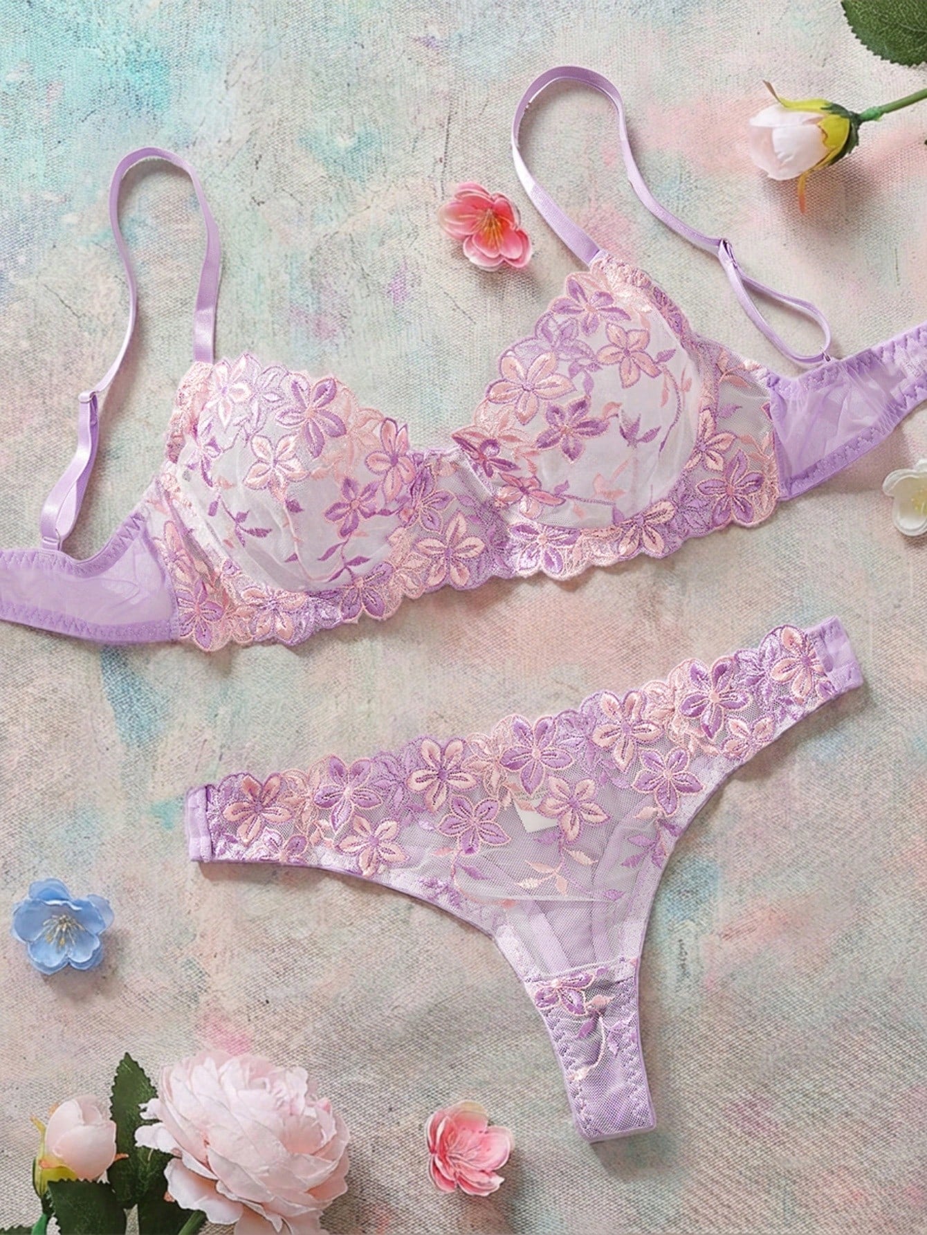 2pcs/Set Romantic Purple Underwire Women's Bra And Panty Set, Sexy Lingerie