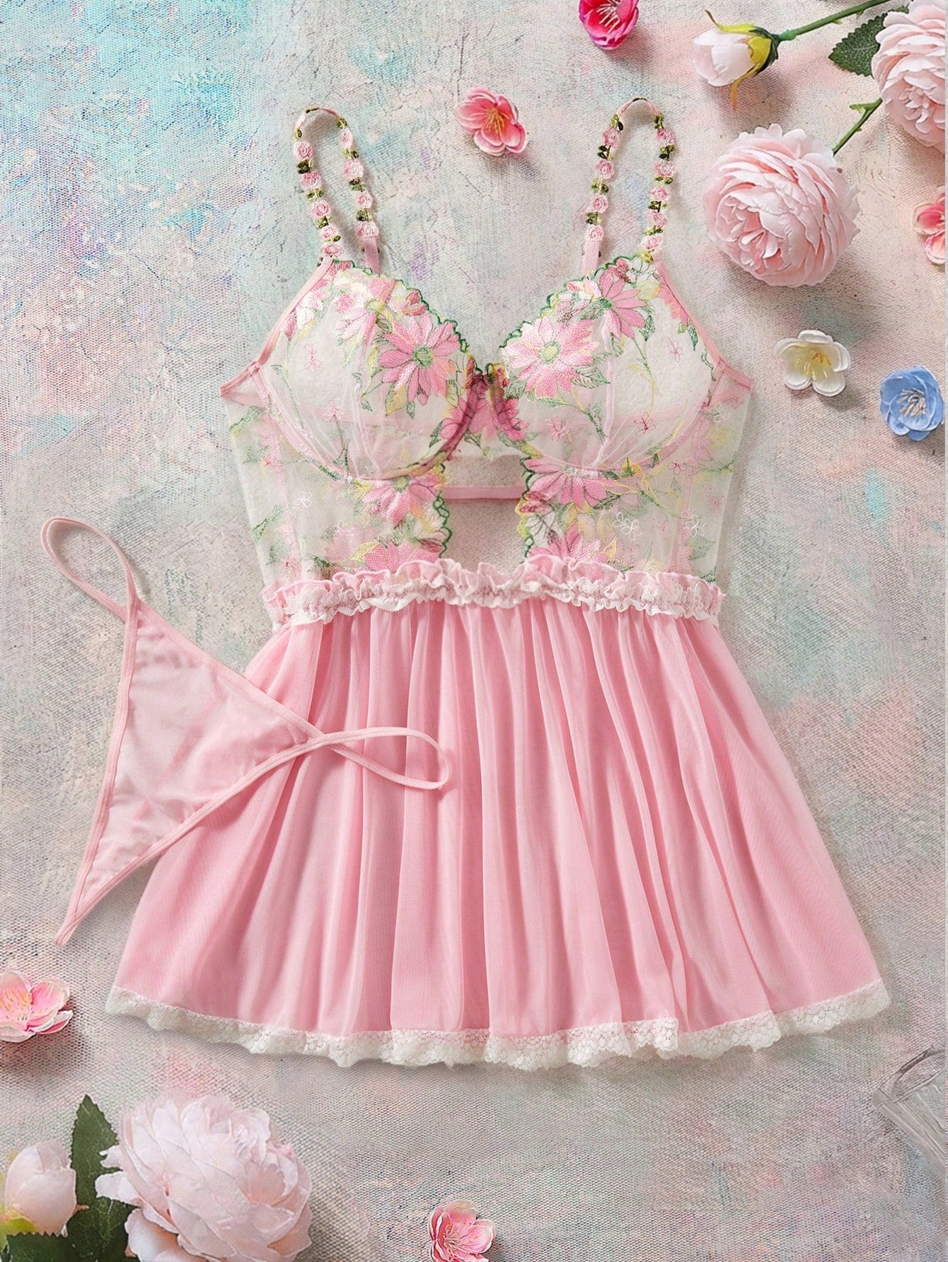 Romantic Series Embroidered Plus Size Underwired Corset Dress & T-Back Panty Set, Sexy Lingerie, Lift