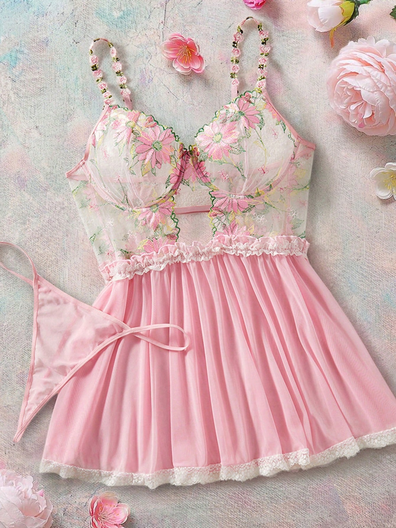 Romantic Series Embroidered Plus Size Underwired Corset Dress & T-Back Panty Set, Sexy Lingerie, Lift