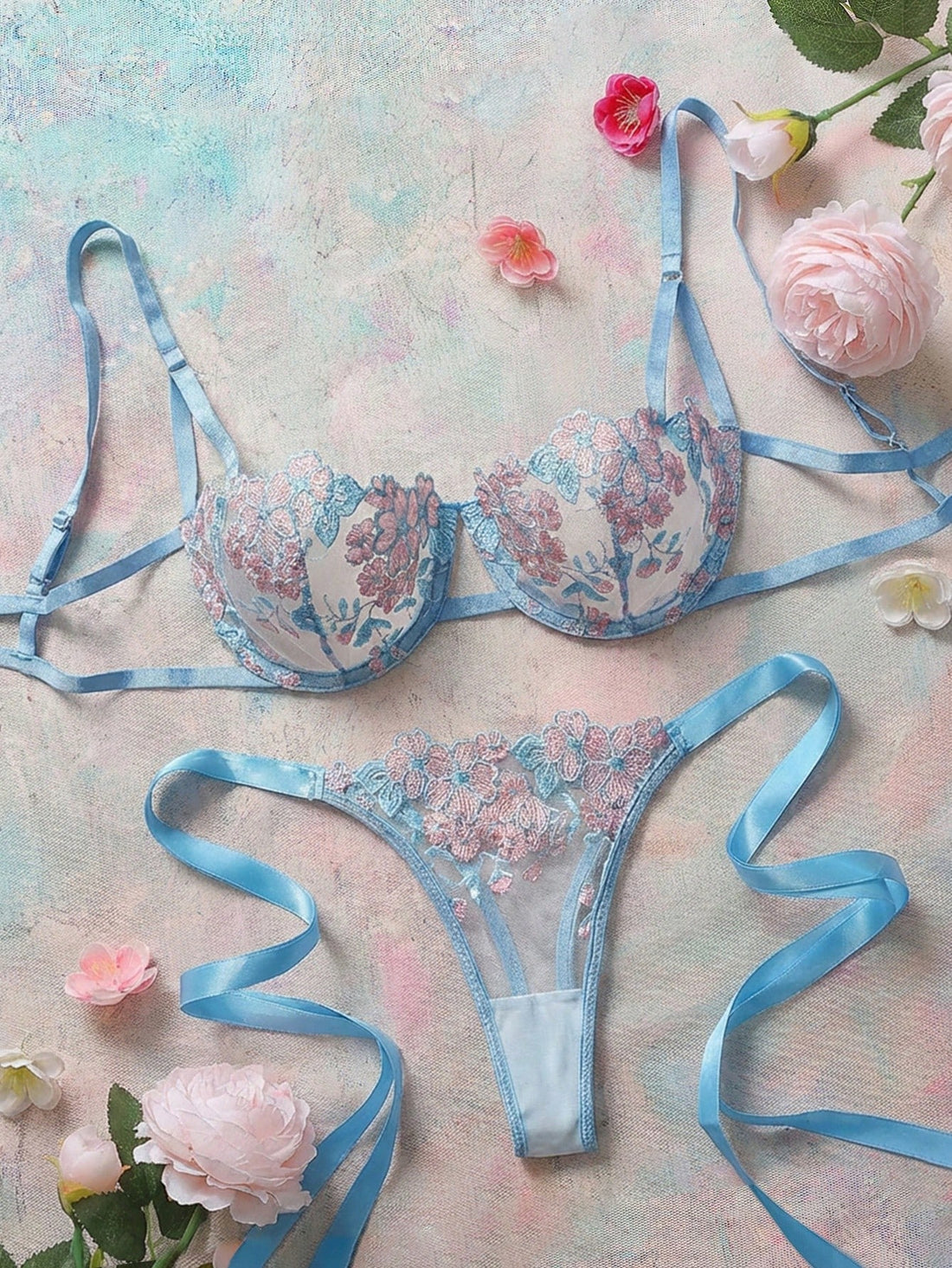 2pcs/Set Women Sky Blue Embroidered Lace-Up Lingerie Set