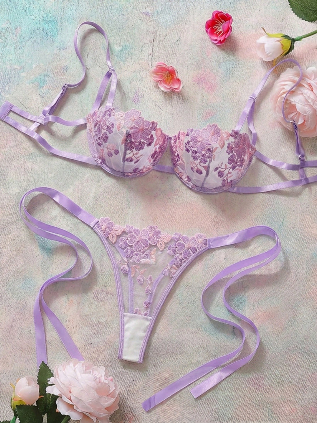 2pcs Women Sky Blue Embroidered Lace Strap Underwear Lingerie Bra & Panty Set