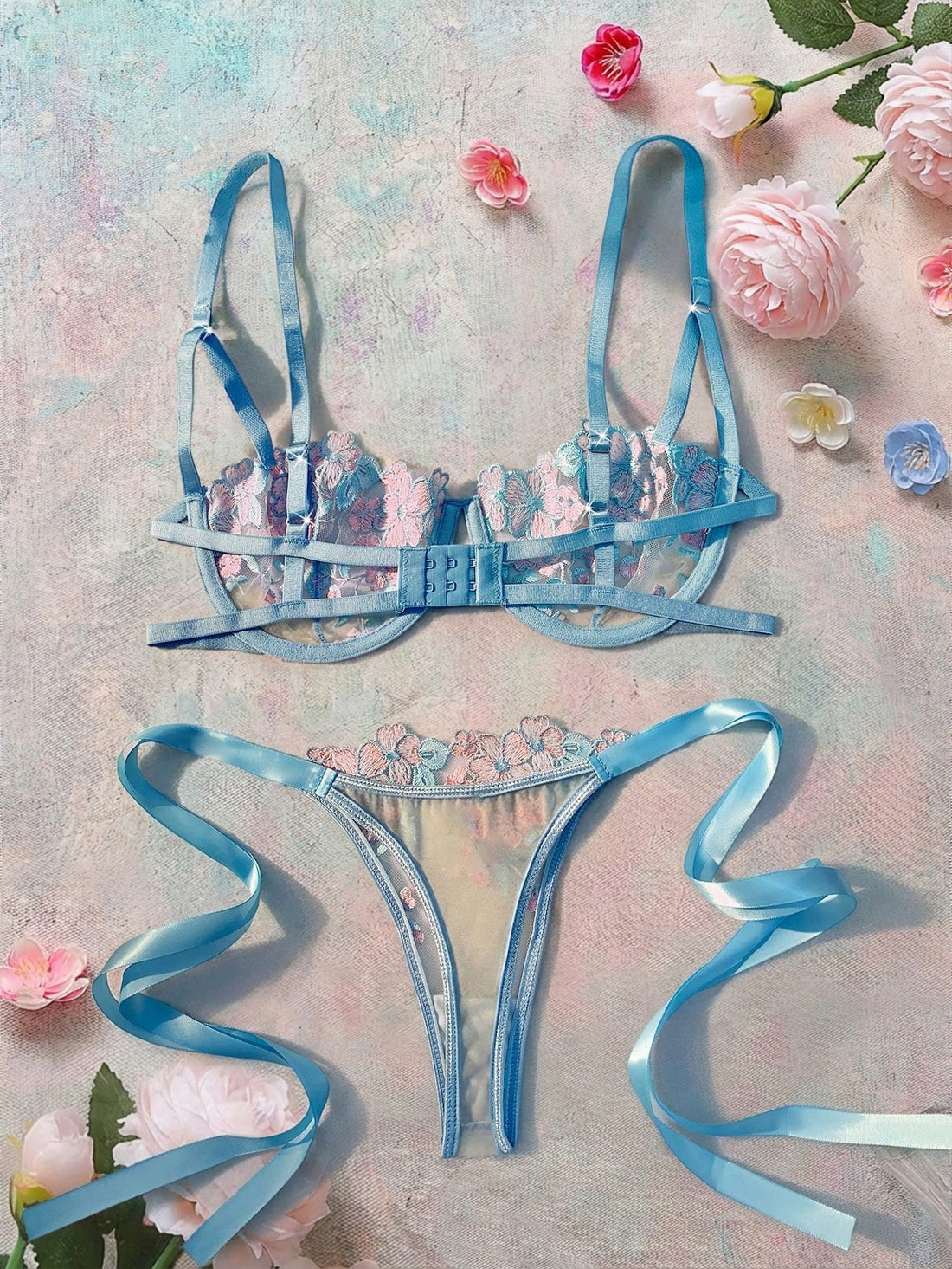 2pcs/Set Women Sky Blue Embroidered Lace-Up Lingerie Set