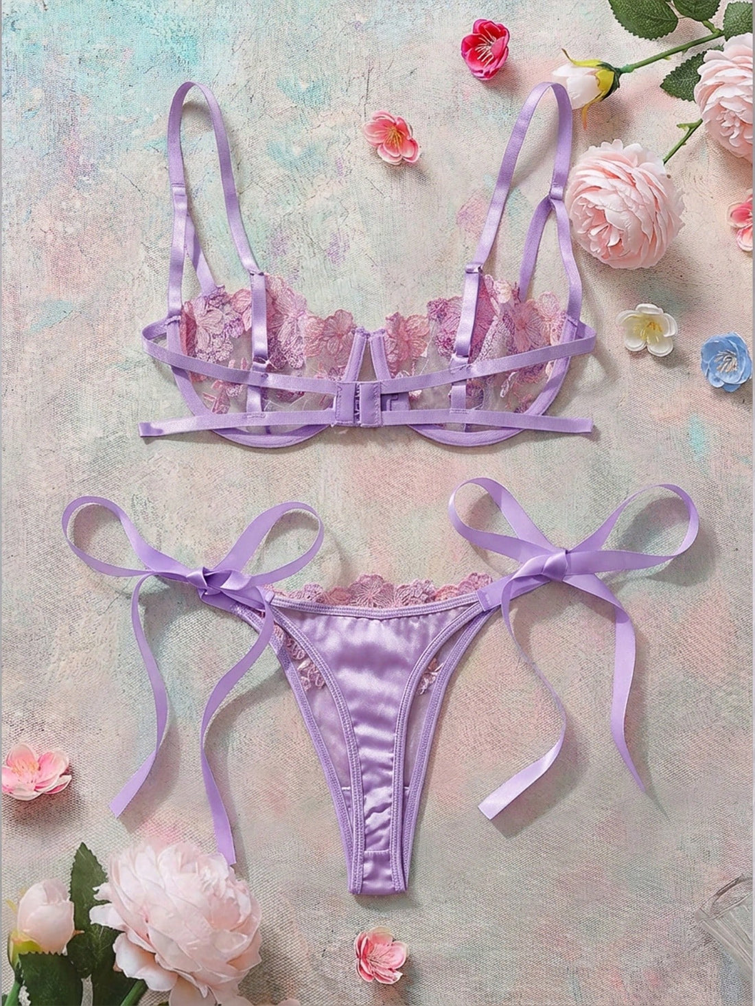 2pcs Women Sky Blue Embroidered Lace Strap Underwear Lingerie Bra & Panty Set