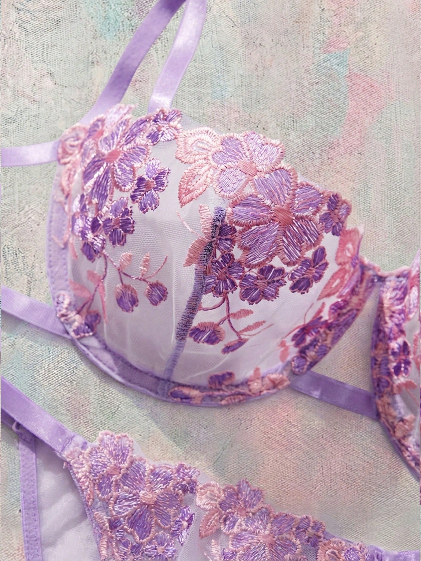 2pcs Women Sky Blue Embroidered Lace Strap Underwear Lingerie Bra & Panty Set
