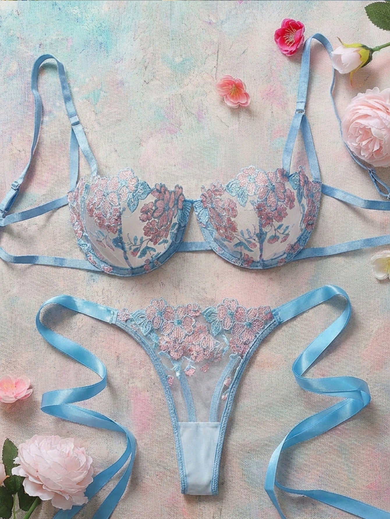 2pcs/Set Women Sky Blue Embroidered Lace-Up Lingerie Set
