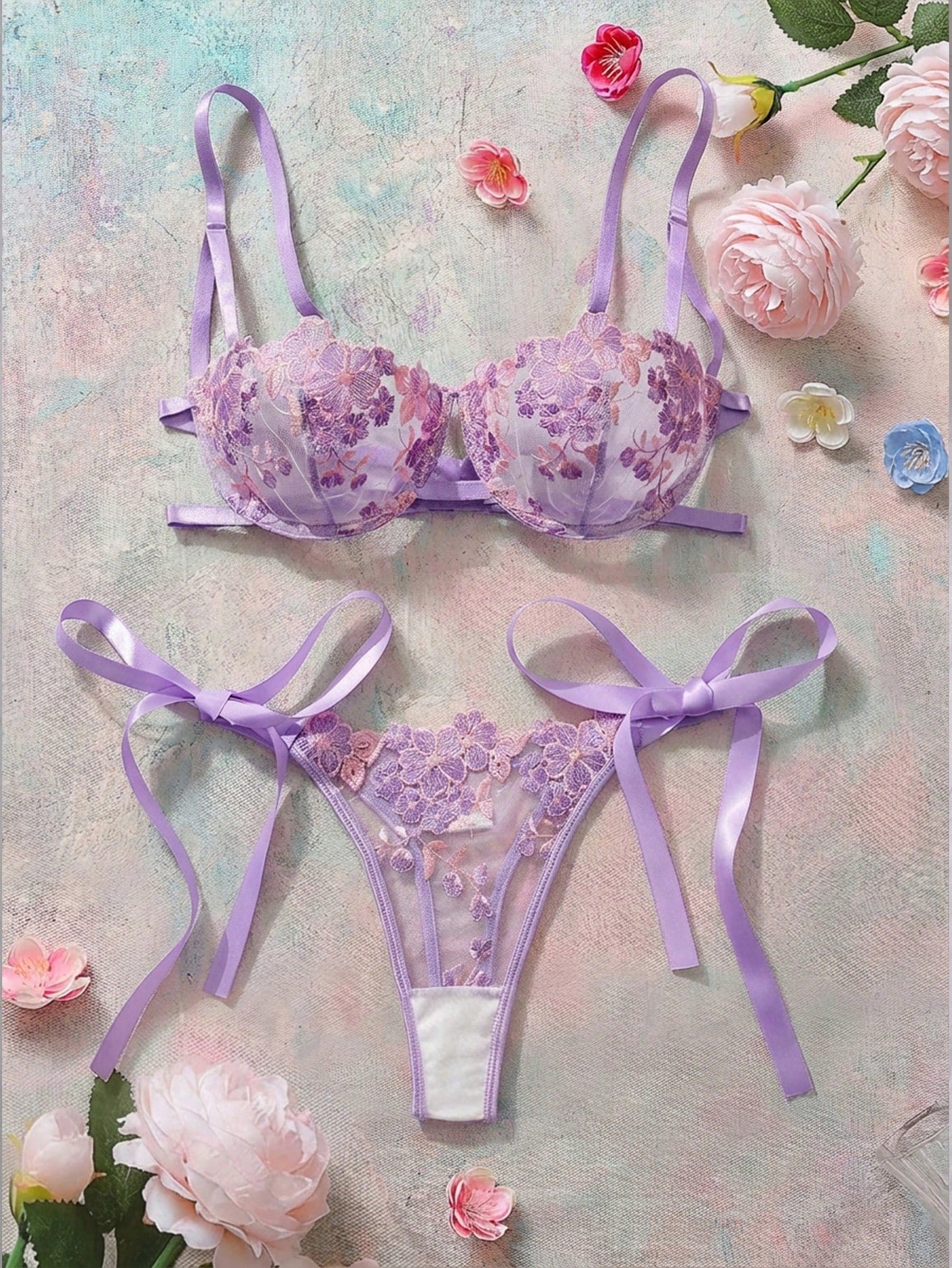 2pcs Women Sky Blue Embroidered Lace Strap Underwear Lingerie Bra & Panty Set