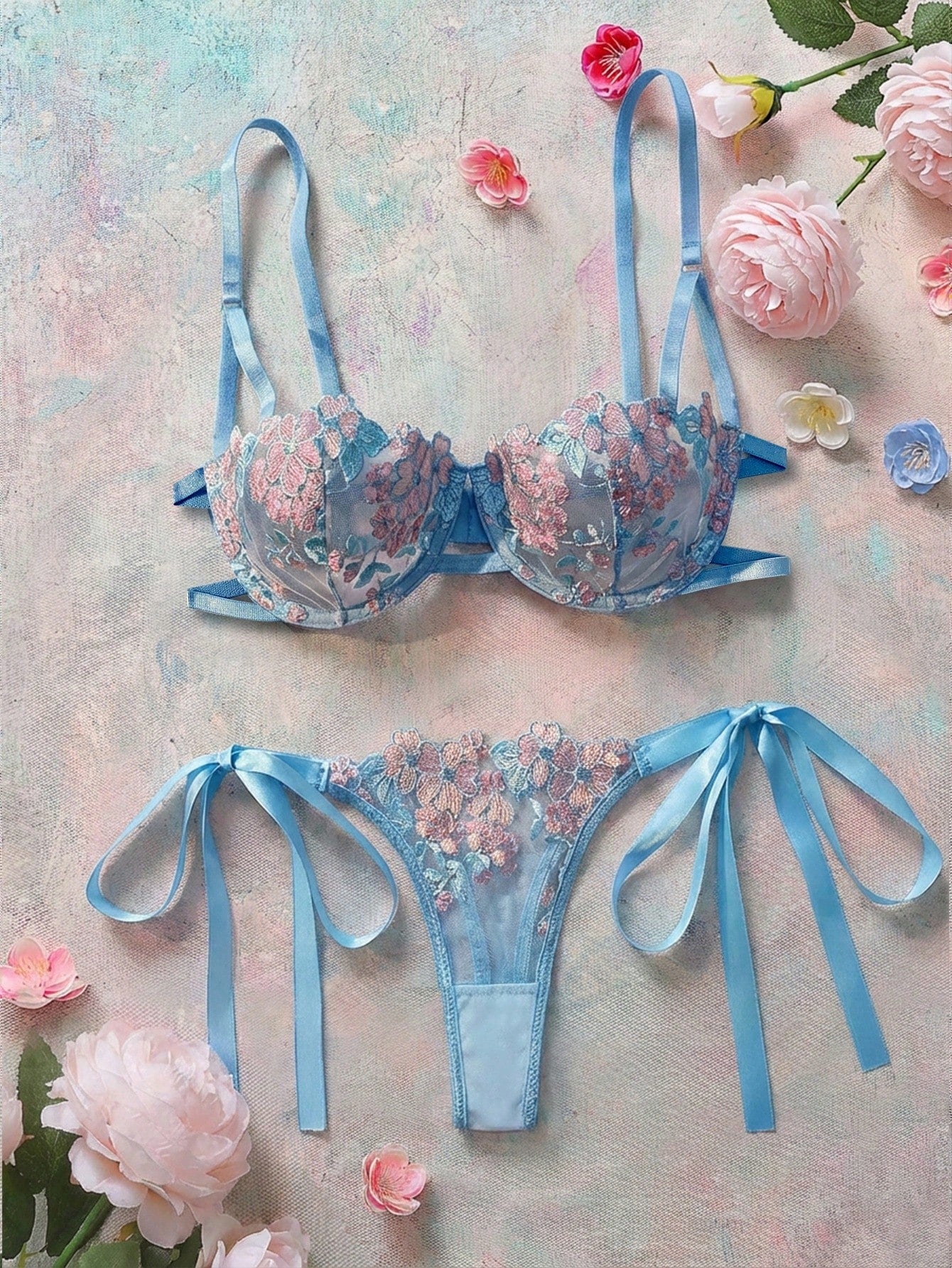 2pcs/Set Women Sky Blue Embroidered Lace-Up Lingerie Set