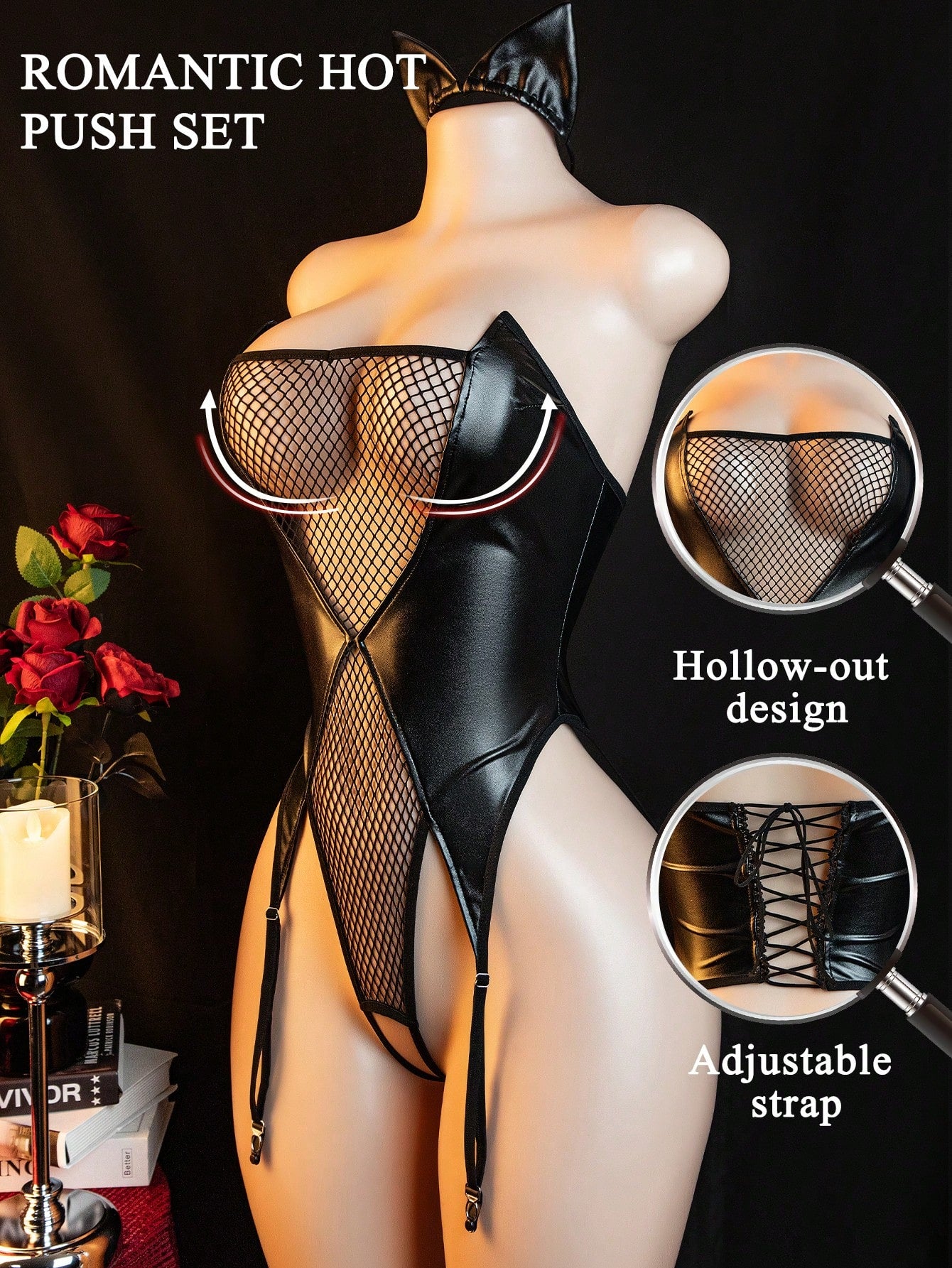 Sexy Lingerie, Women's Bodysuits, Hollow Lace-Up Bodysuits, Headband + Bodysuits, Backless Open-Crotch Bodysuits