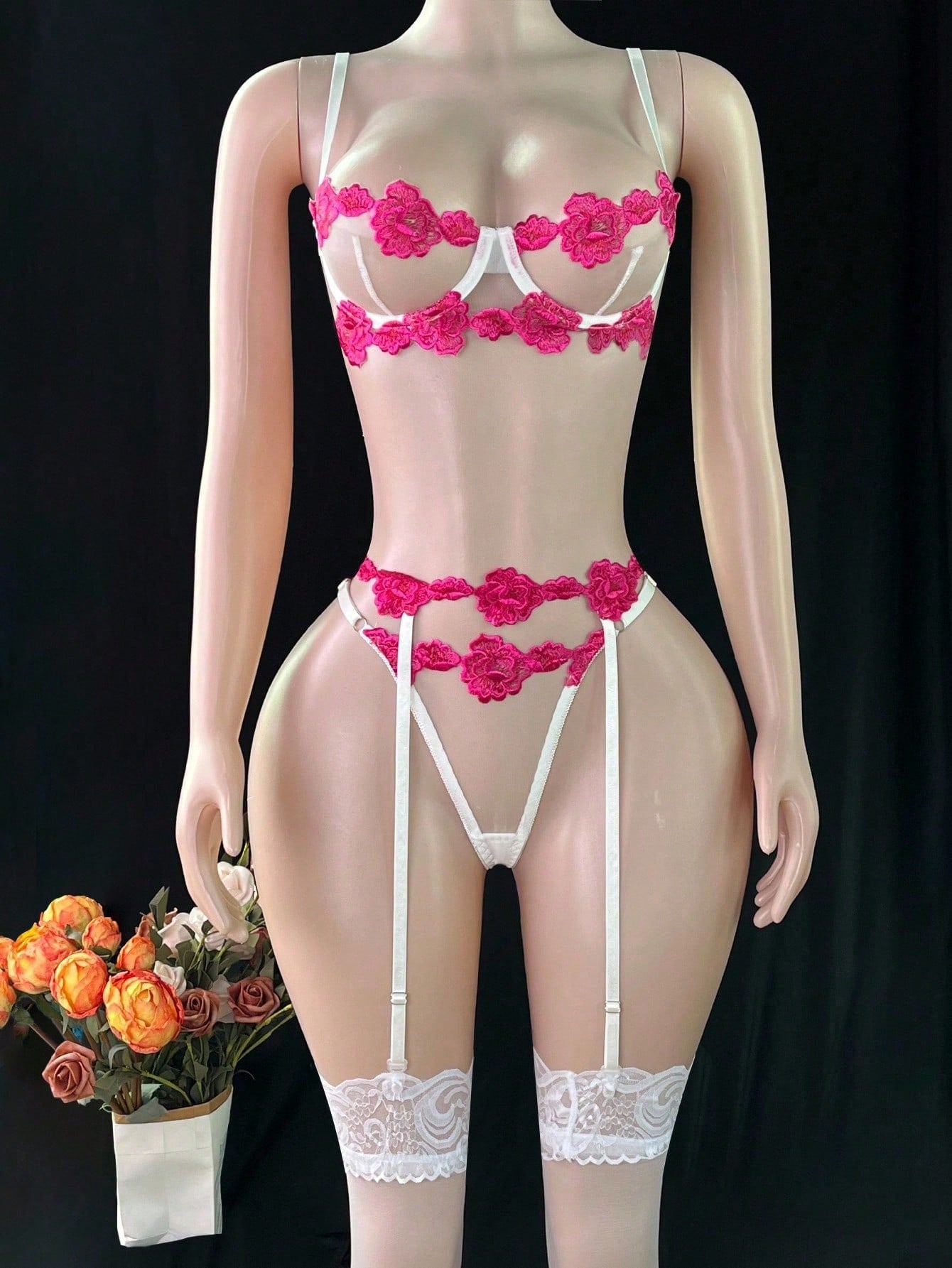 Women's 5-piece lingerie set with sheer mesh floral embroidery, underwire bra with adjustable spaghetti straps, and matching mid-rise thong pieces in a romantic floral style.
