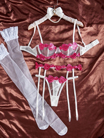 Women's 5-piece lingerie set with sheer mesh floral embroidery, underwire bra with adjustable spaghetti straps, and matching mid-rise thong pieces in a romantic floral style.