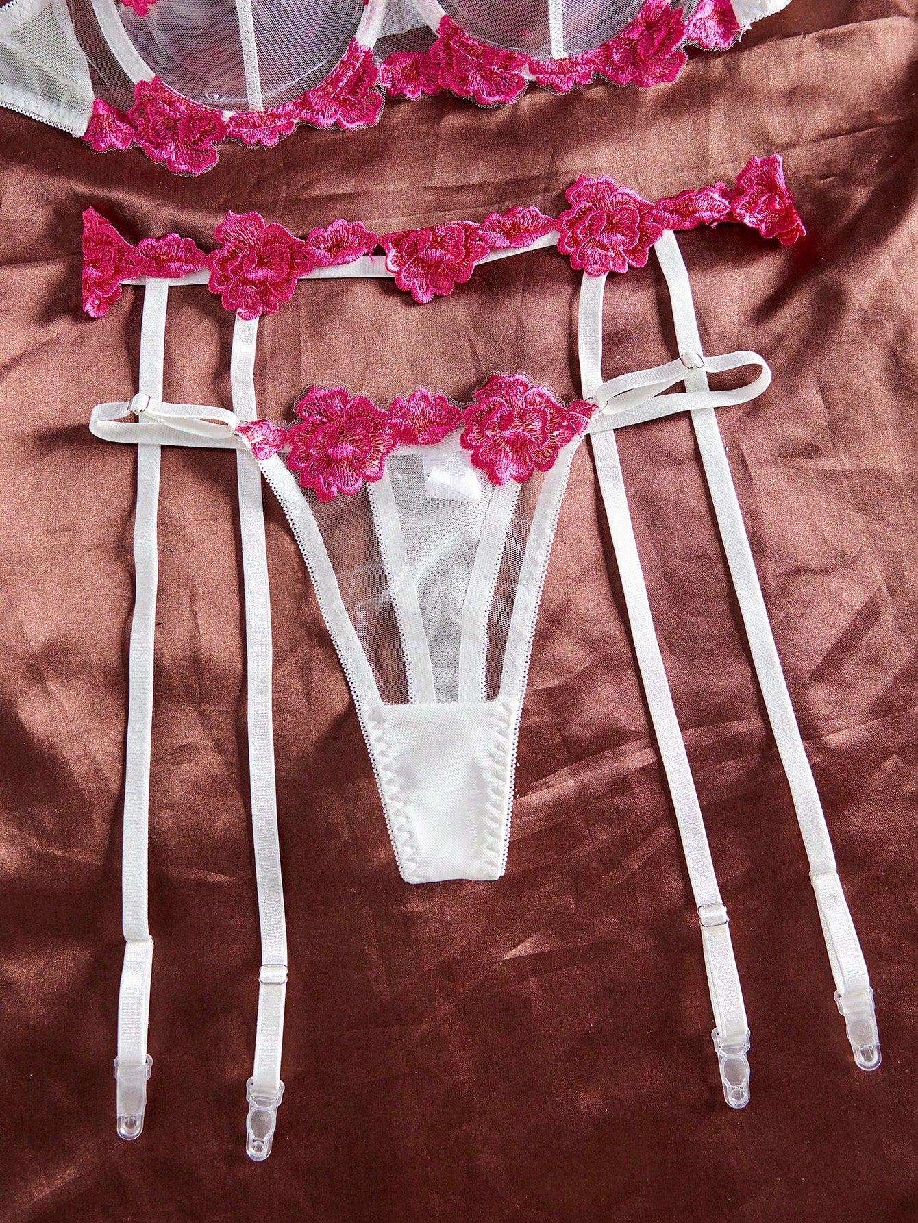 Women's 5-piece lingerie set with sheer mesh floral embroidery, underwire bra with adjustable spaghetti straps, and matching mid-rise thong pieces in a romantic floral style.