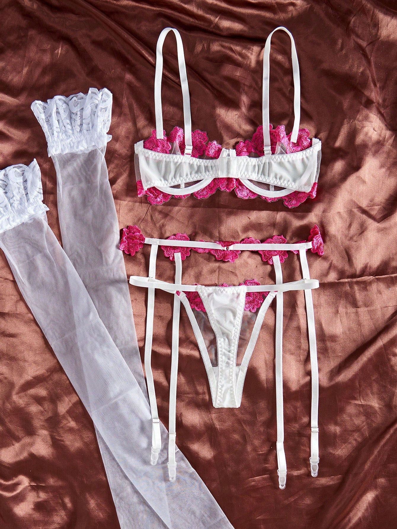 Women's 5-piece lingerie set with sheer mesh floral embroidery, underwire bra with adjustable spaghetti straps, and matching mid-rise thong pieces in a romantic floral style.