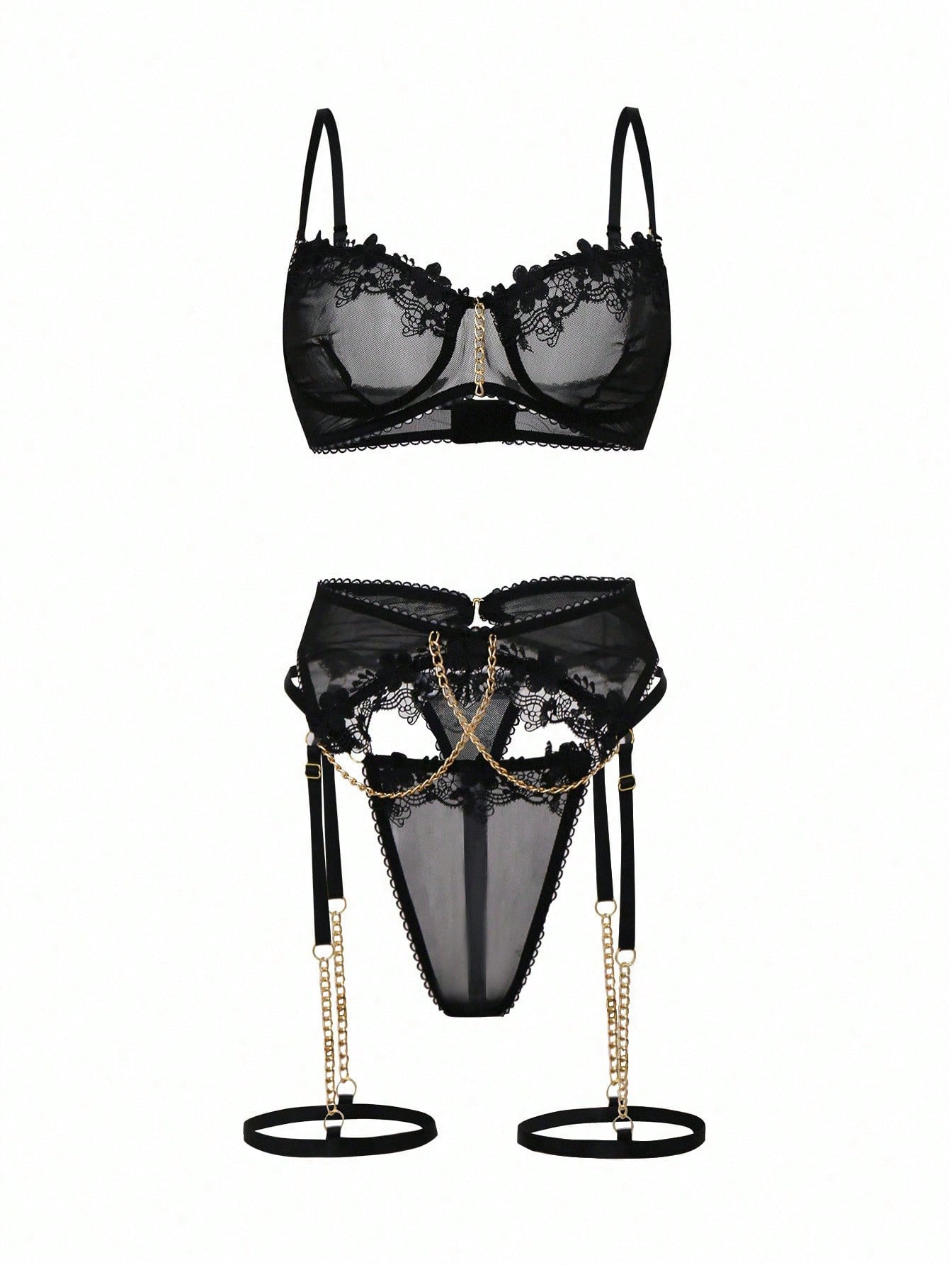 Black 3-piece women’s sexy lace lingerie set with a wire-free bralette, garter belt, and V-string thong, featuring sheer contrast lace, chain detail, and adjustable spaghetti straps.