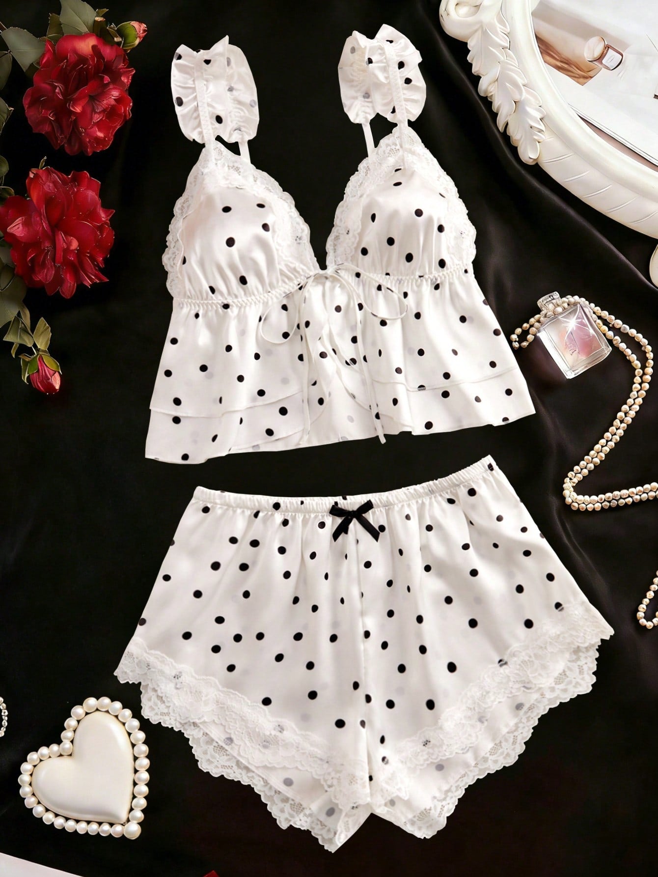 2pcs Women's Pajama Set, Lace V-Neck Halter Top With Lace Patchwork Shorts, Bowknot Waist Decoration, Comfortable Soft Cute Women's Loungewear