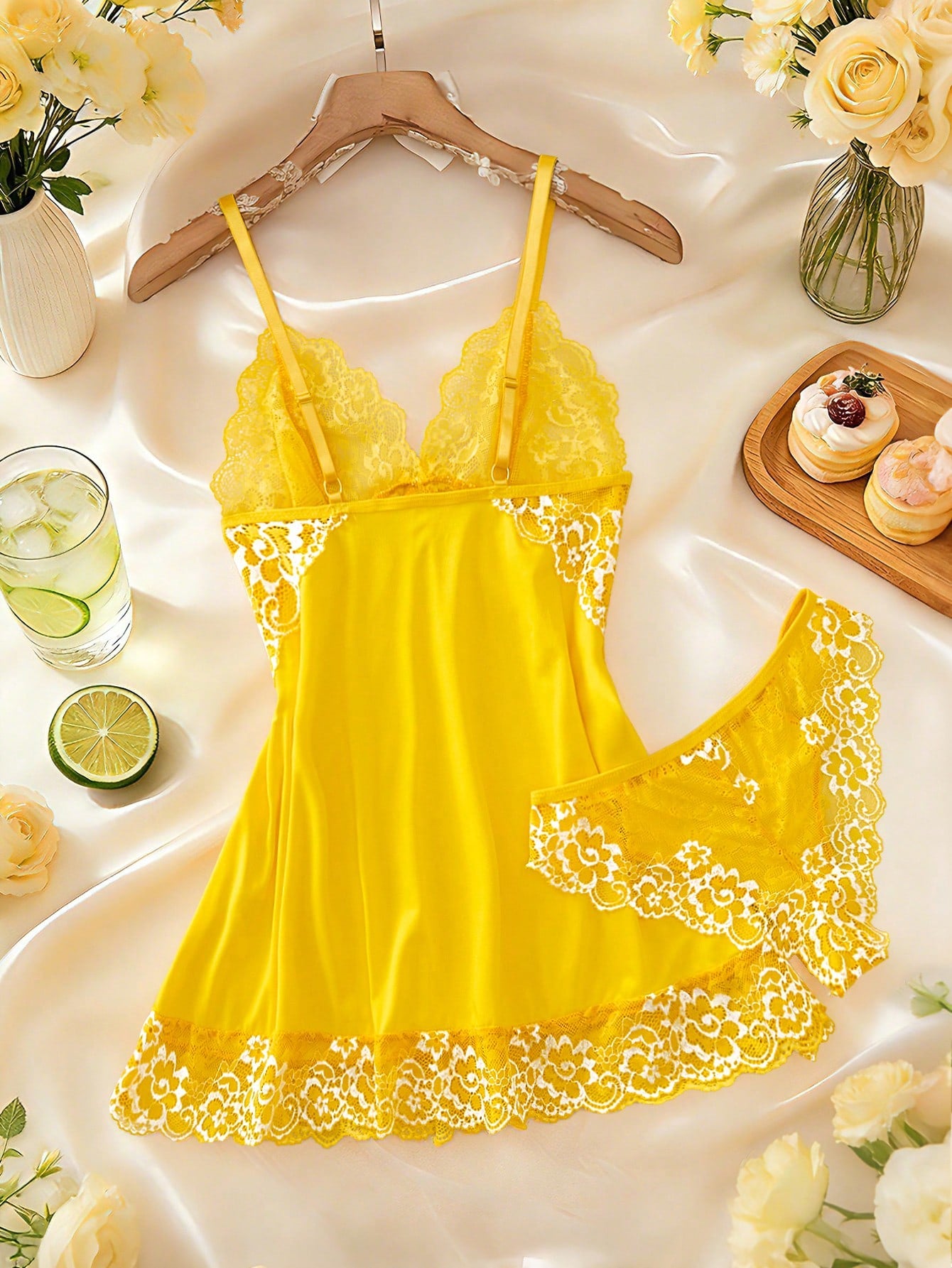 2pcs Contrast Floral Lace Sleepwear Set, V-Neck Semi-Sheer Bow Tie Nightgown And Panties, Elegant Women Pajamas