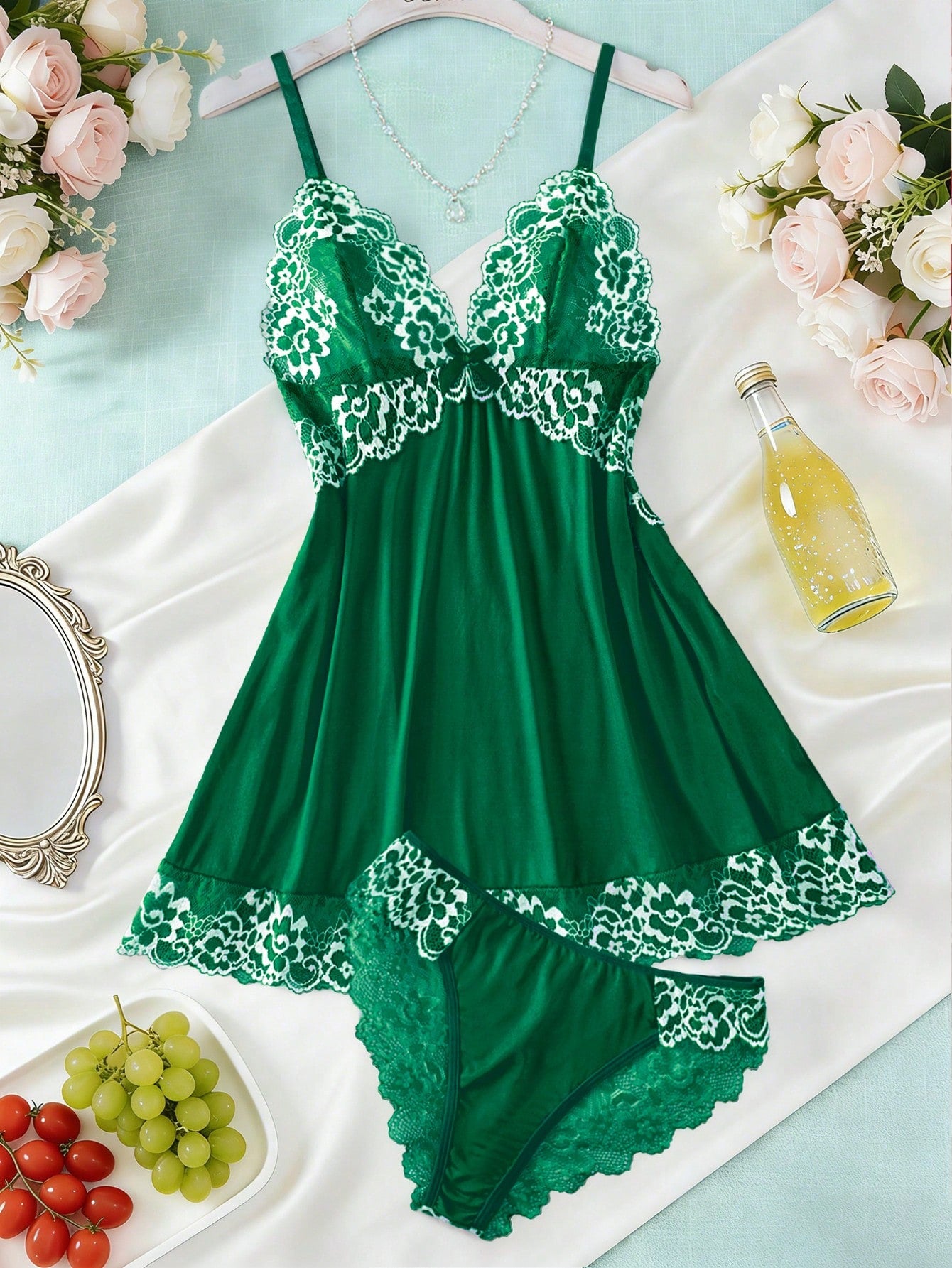 2pcs Contrast Floral Lace Sleepwear Set, V-Neck Semi-Sheer Bow Tie Nightgown And Panties, Elegant Women Pajamas