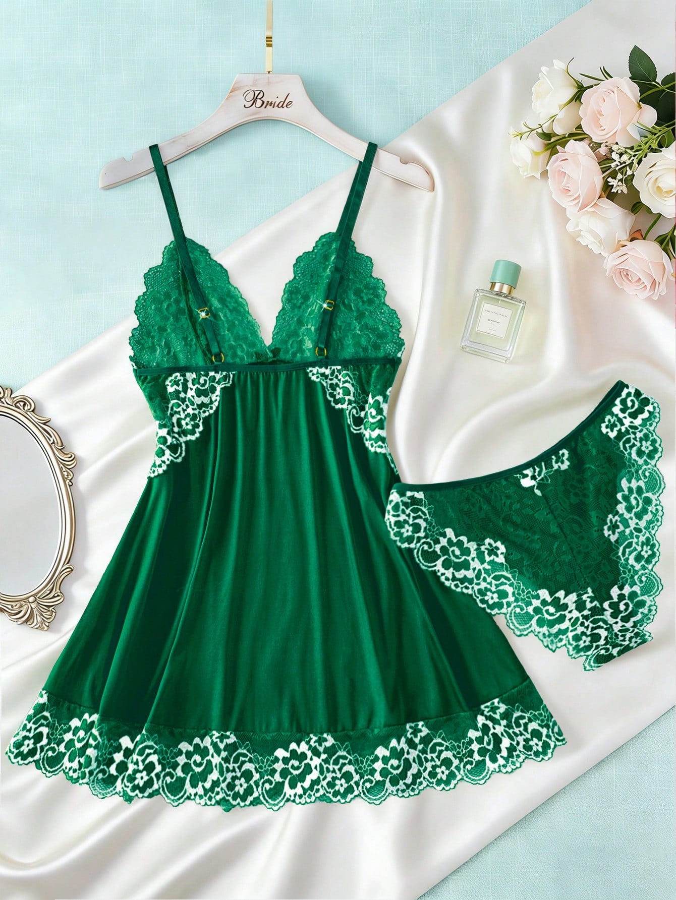 2pcs Contrast Floral Lace Sleepwear Set, V-Neck Semi-Sheer Bow Tie Nightgown And Panties, Elegant Women Pajamas